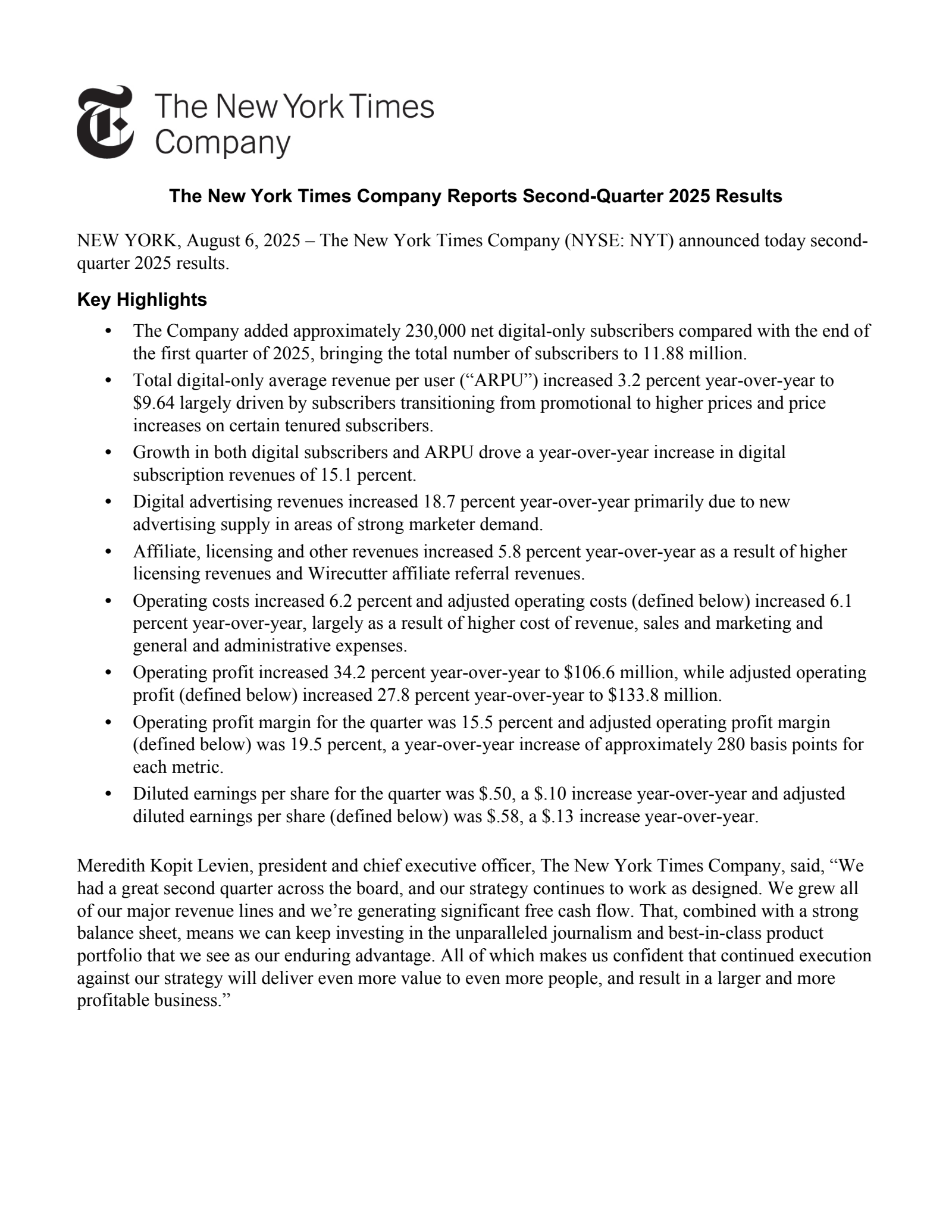 New York Times' Q2 2025 Press Release