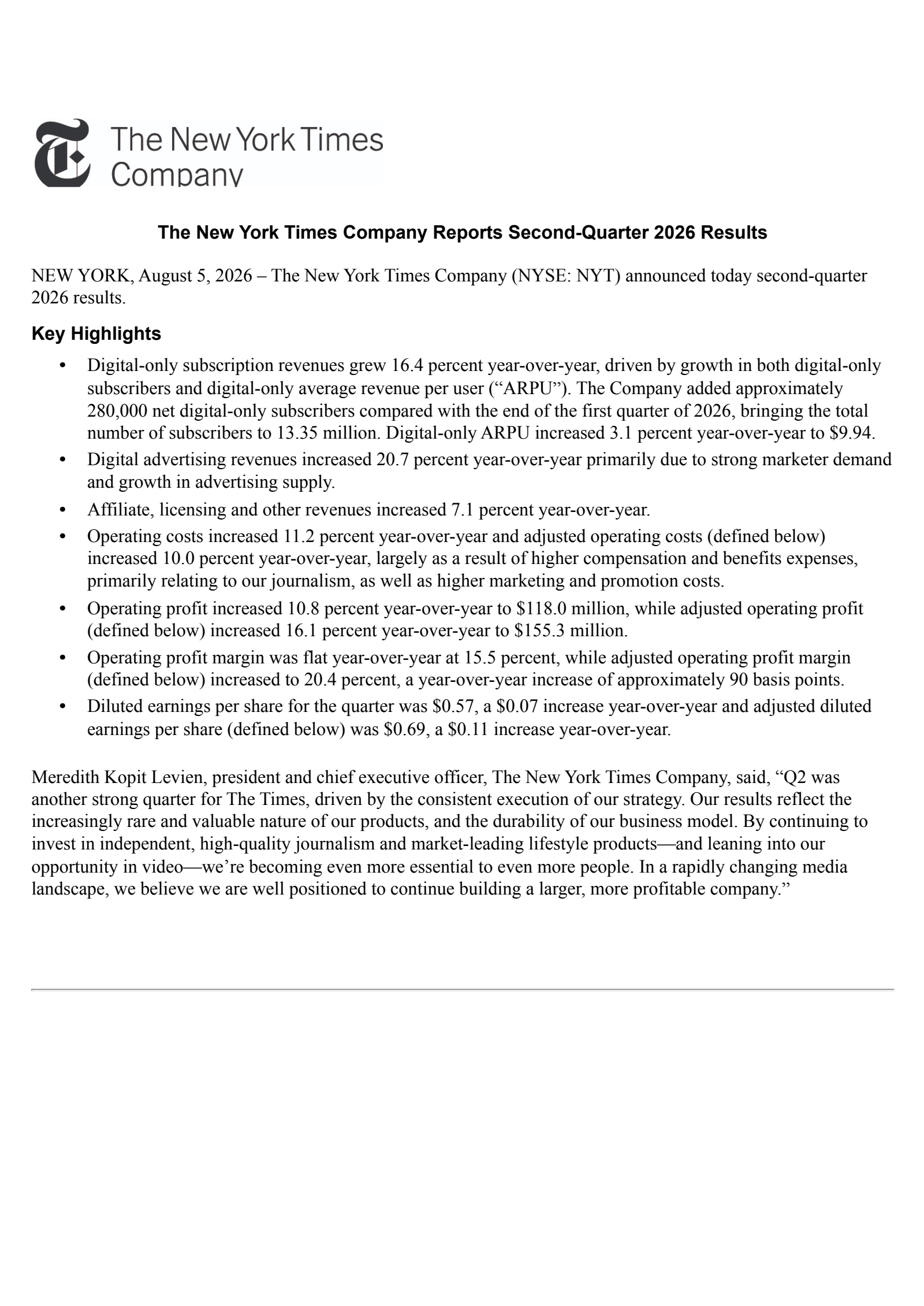 New York Times' Q2 2026 Press Release