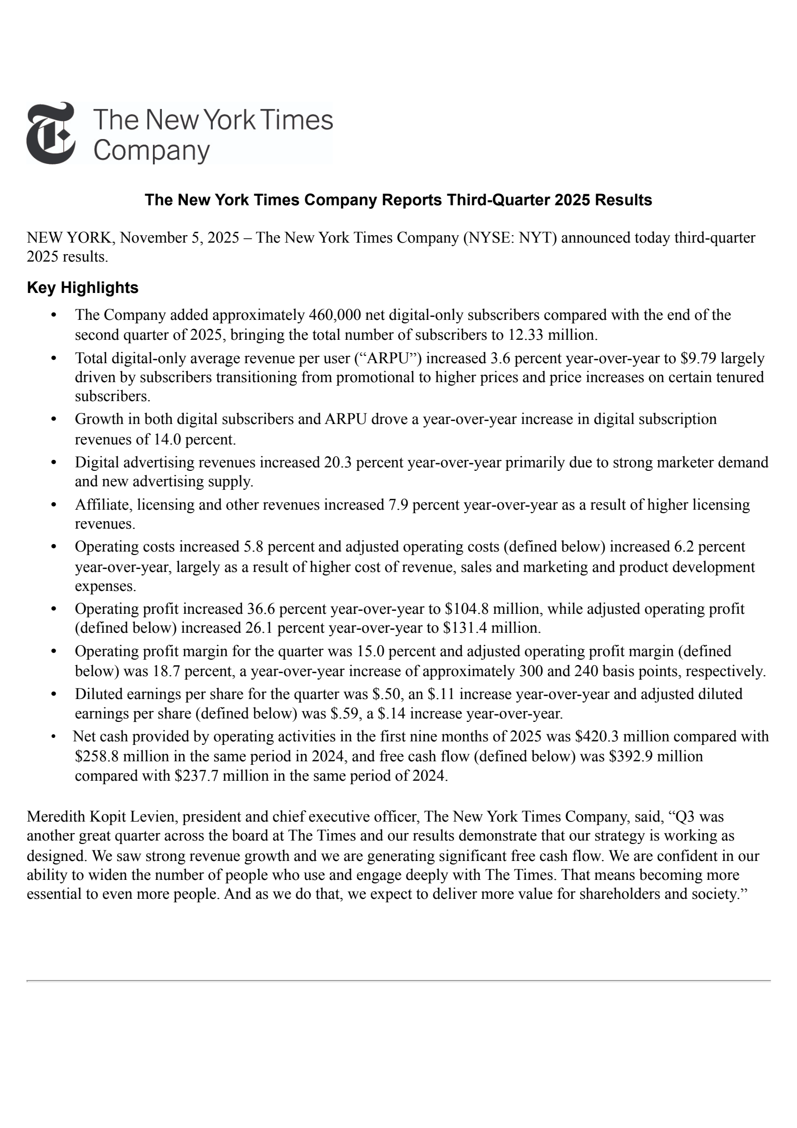 New York Times' Q3 2025 Earnings Release