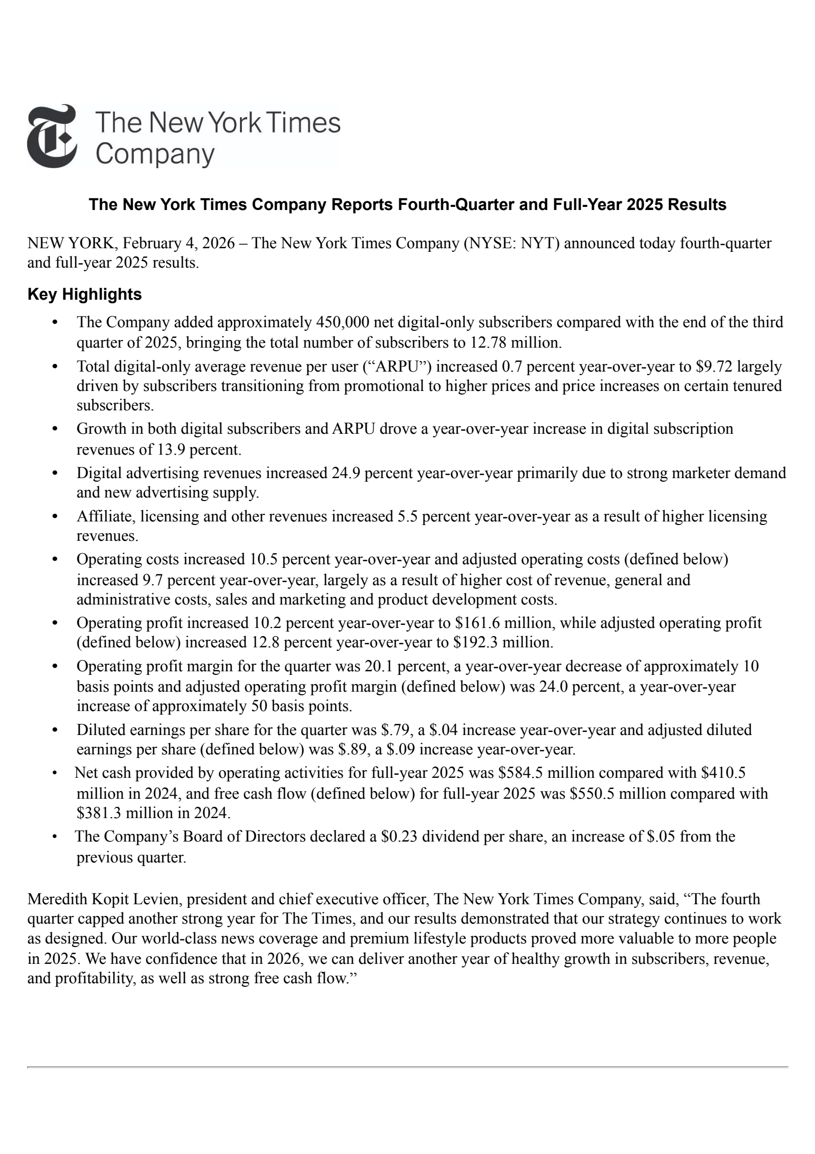 New York Times' Q4 2025 Press Release