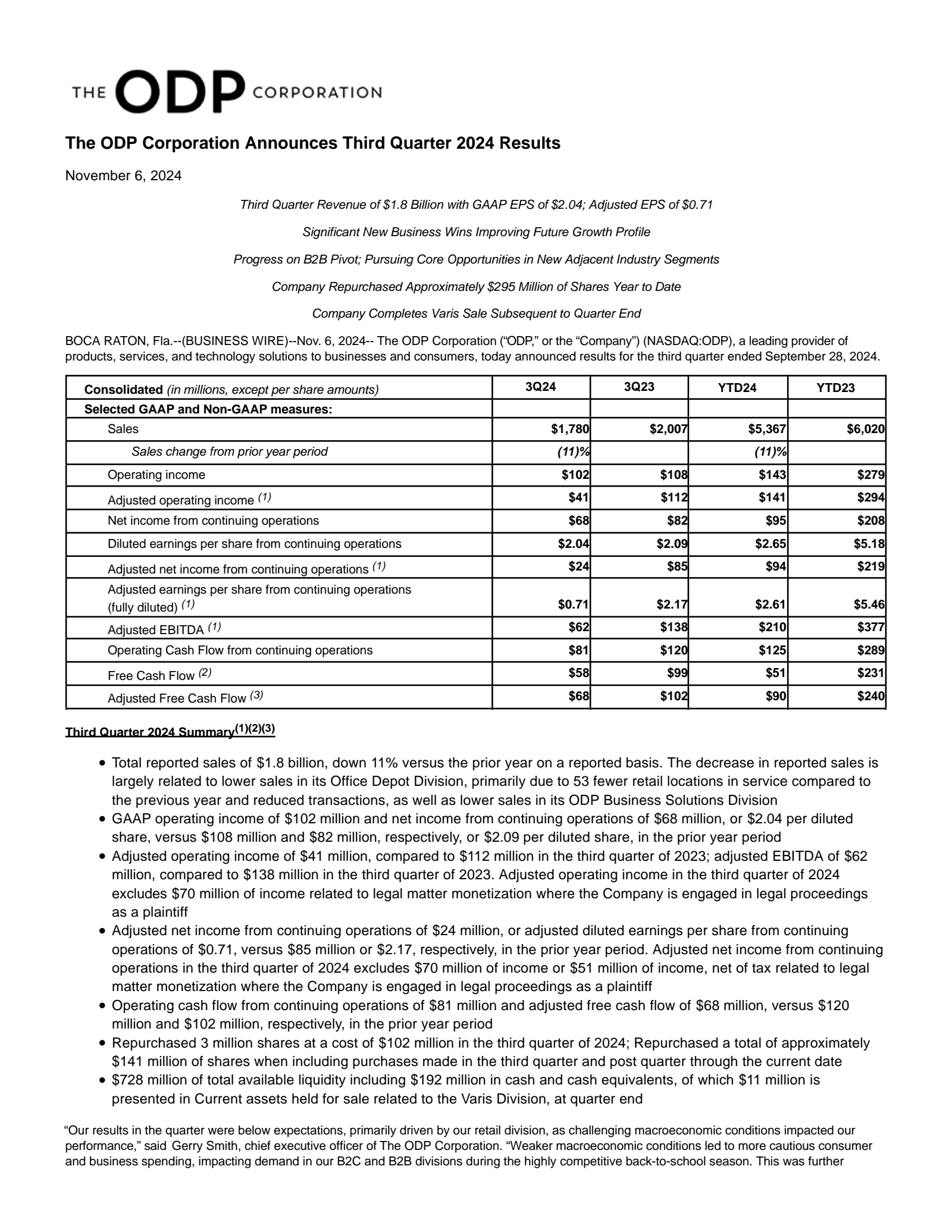 ODP's Q3 2024 Press Release