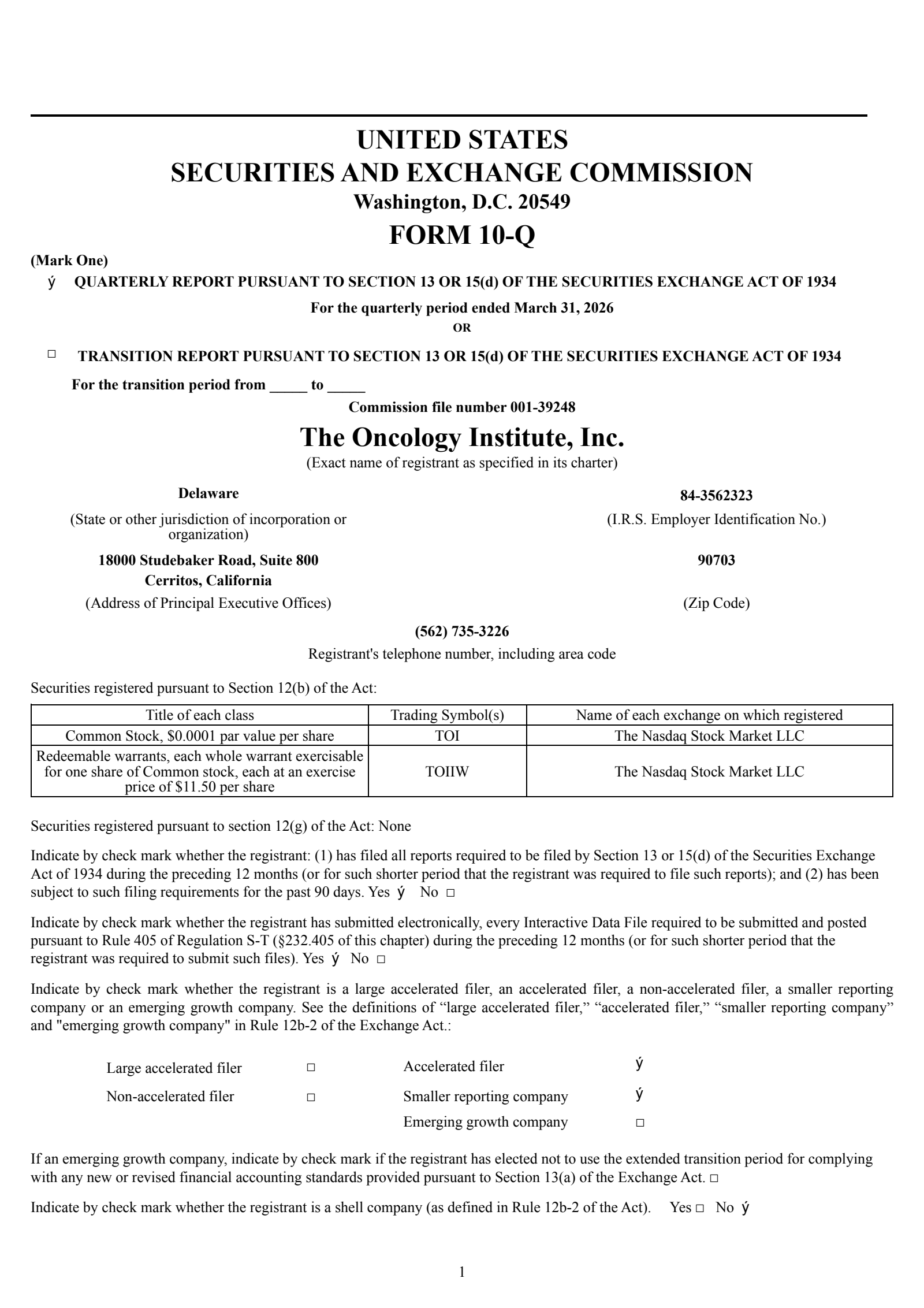 Oncology Institute's Q1 2026 Quarterly report