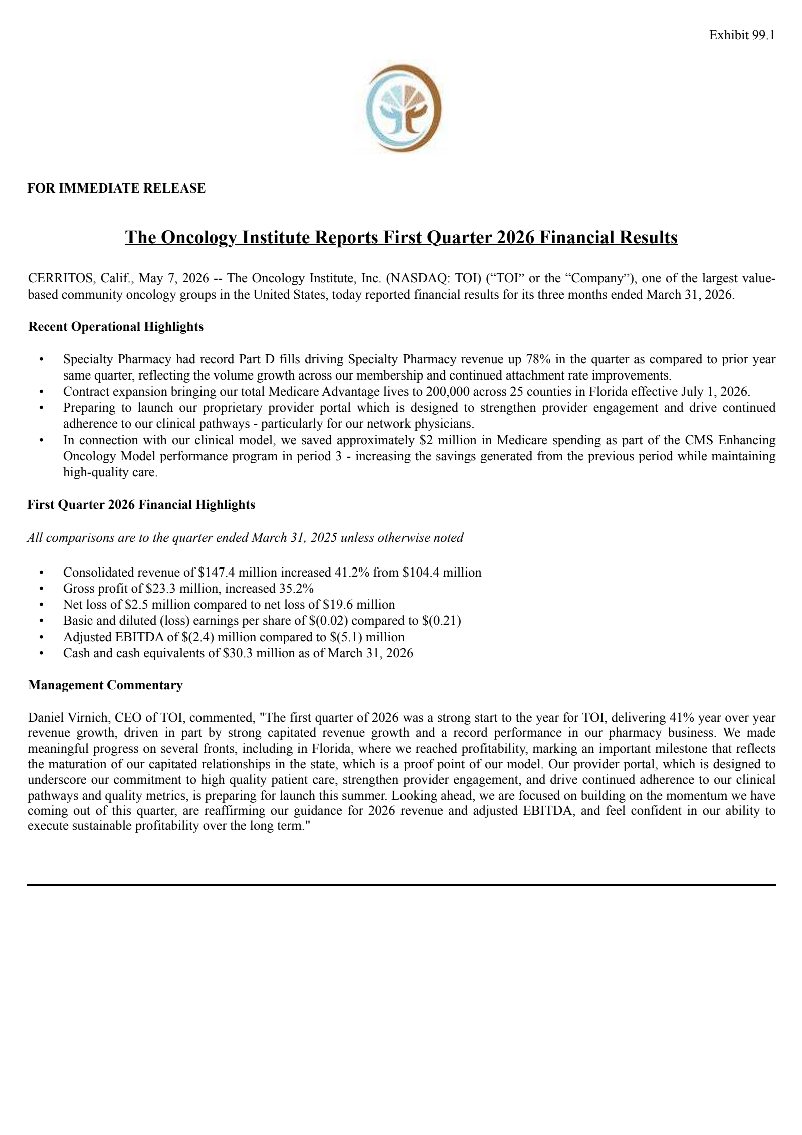 Oncology Institute's Q1 2026 Press Release