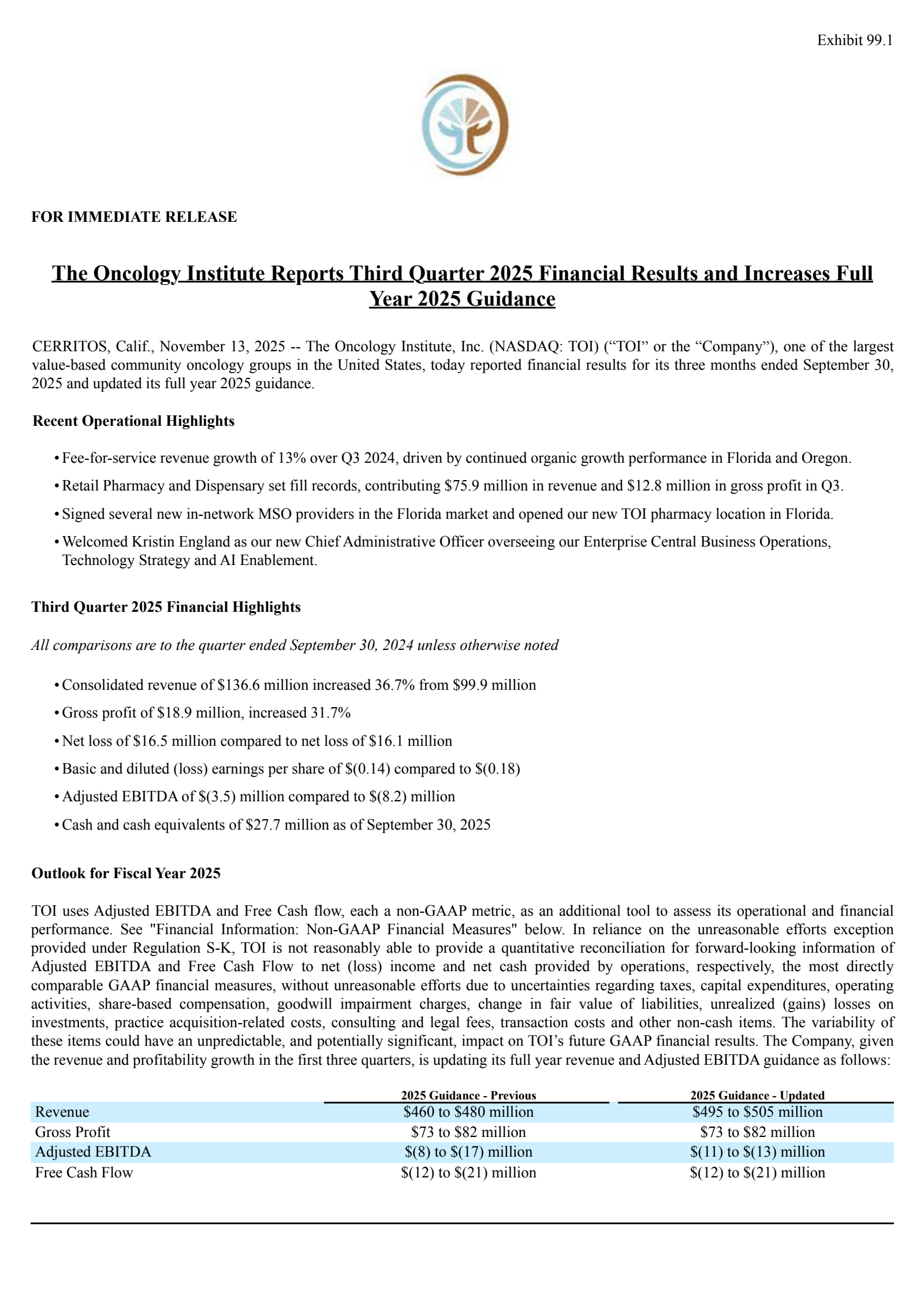 Oncology Institute's Q3 2025 Earnings Release
