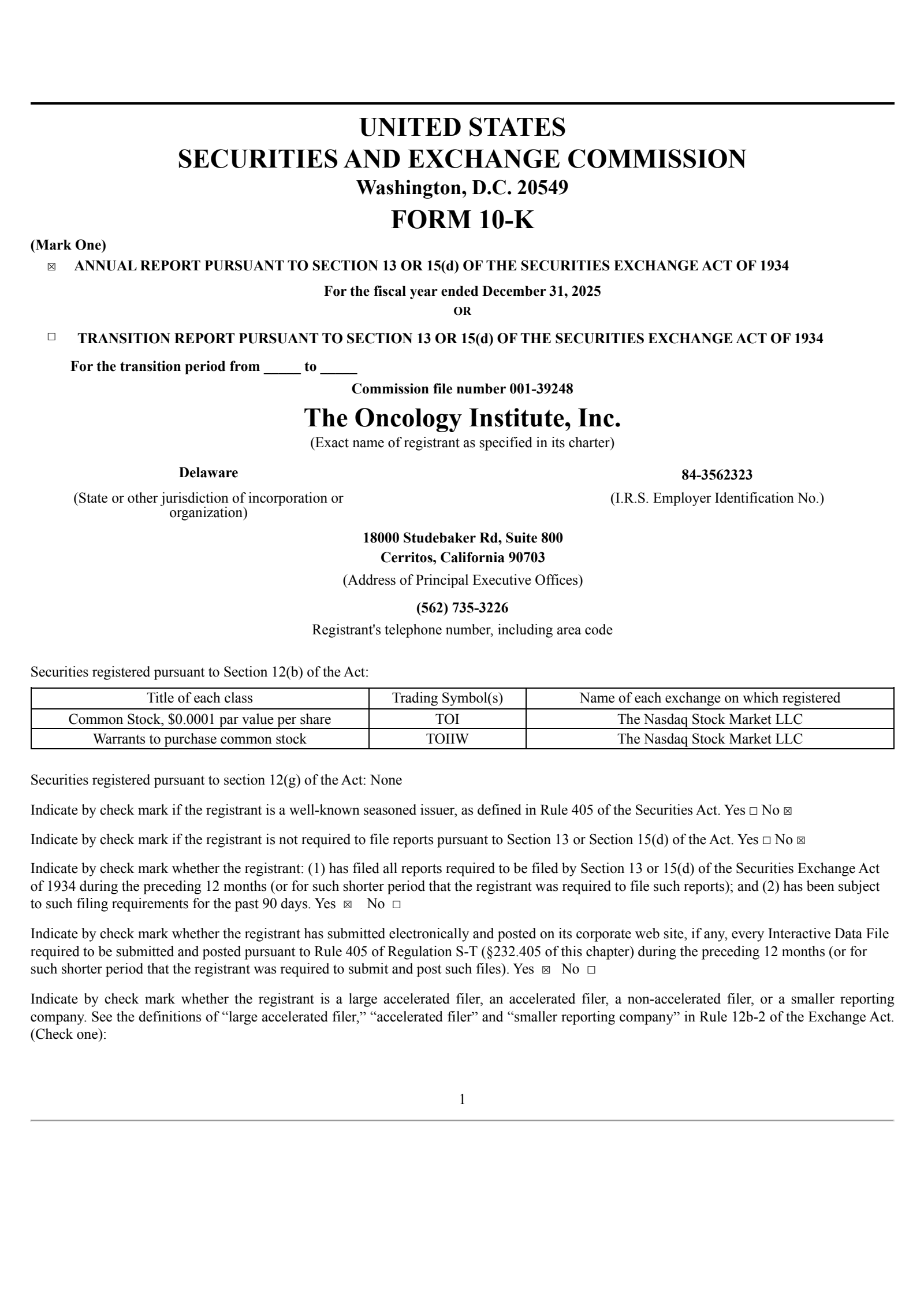 Oncology Institute's Q4 2025 Annual report