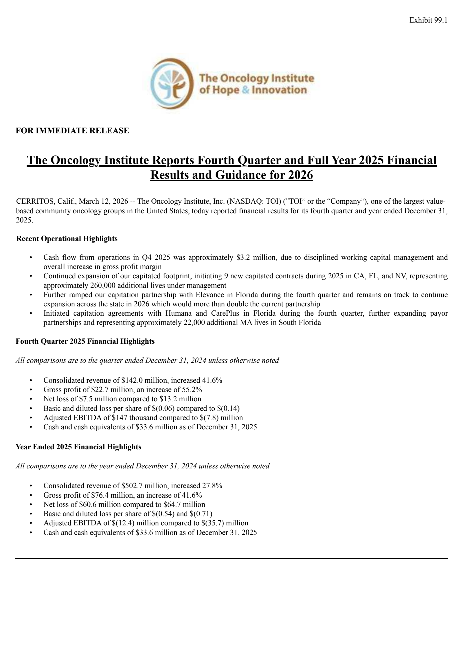 Oncology Institute's Q4 2025 Press Release