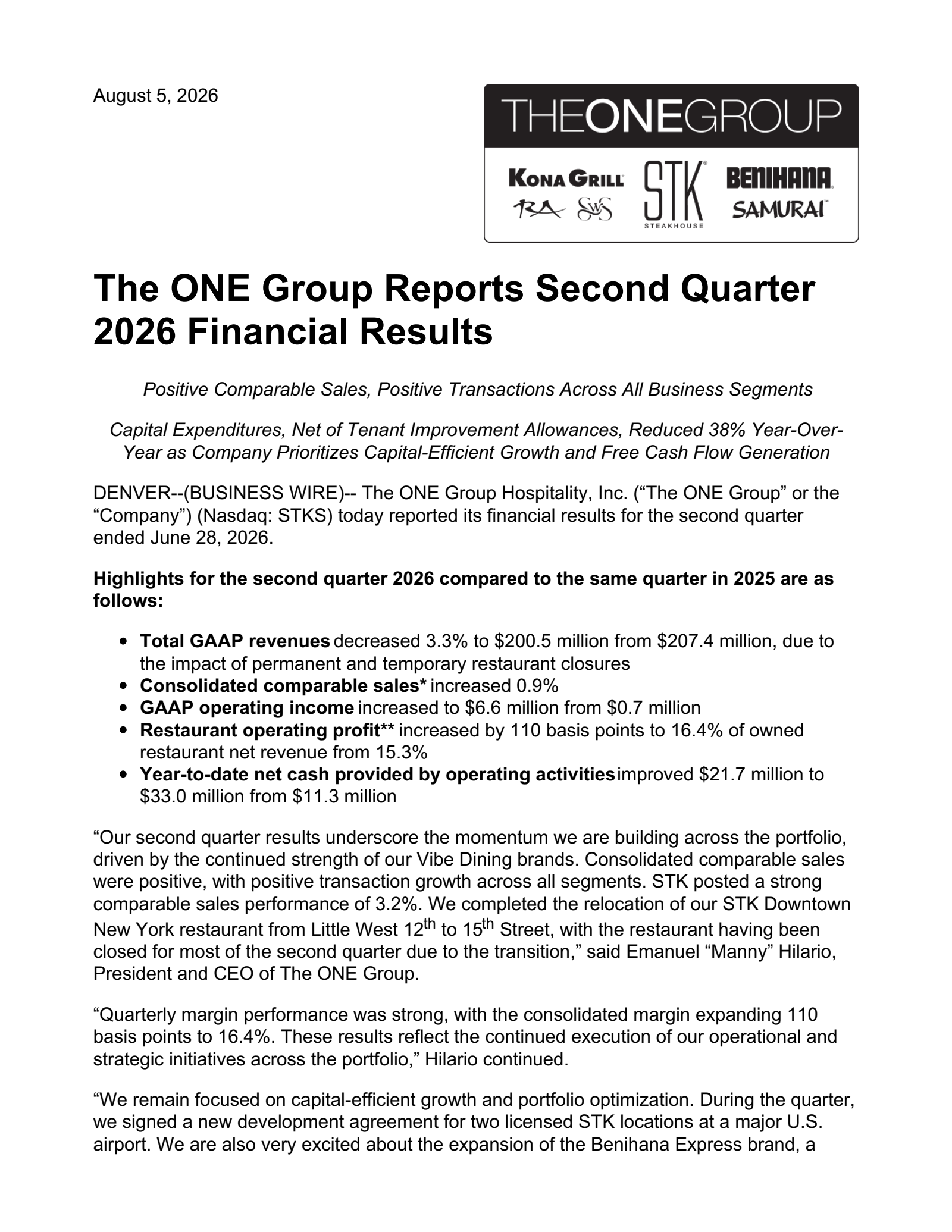 ONE Group Hospitality's Q2 2026 Press Release