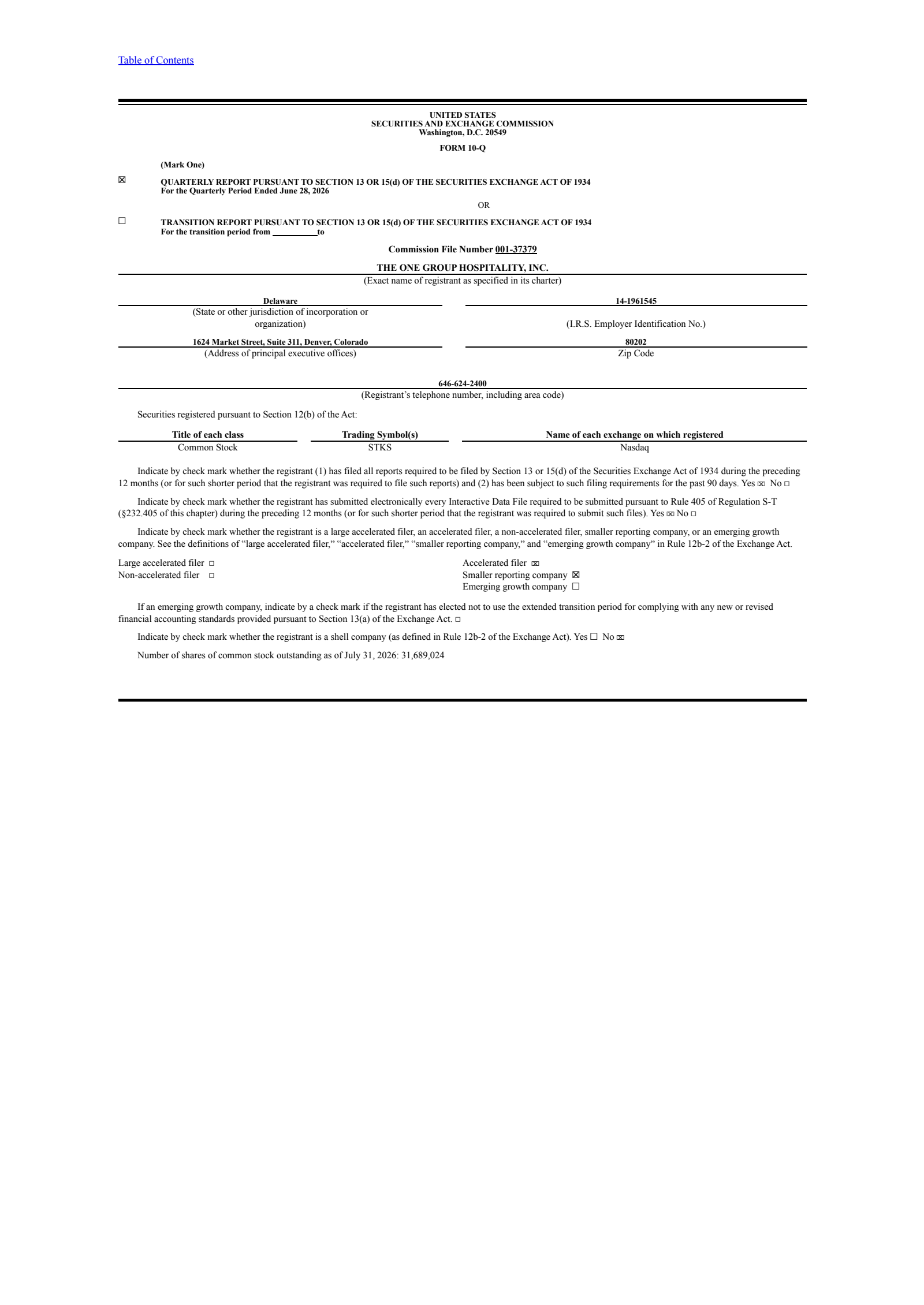 ONE Group Hospitality's Q2 2026 Quarterly report
