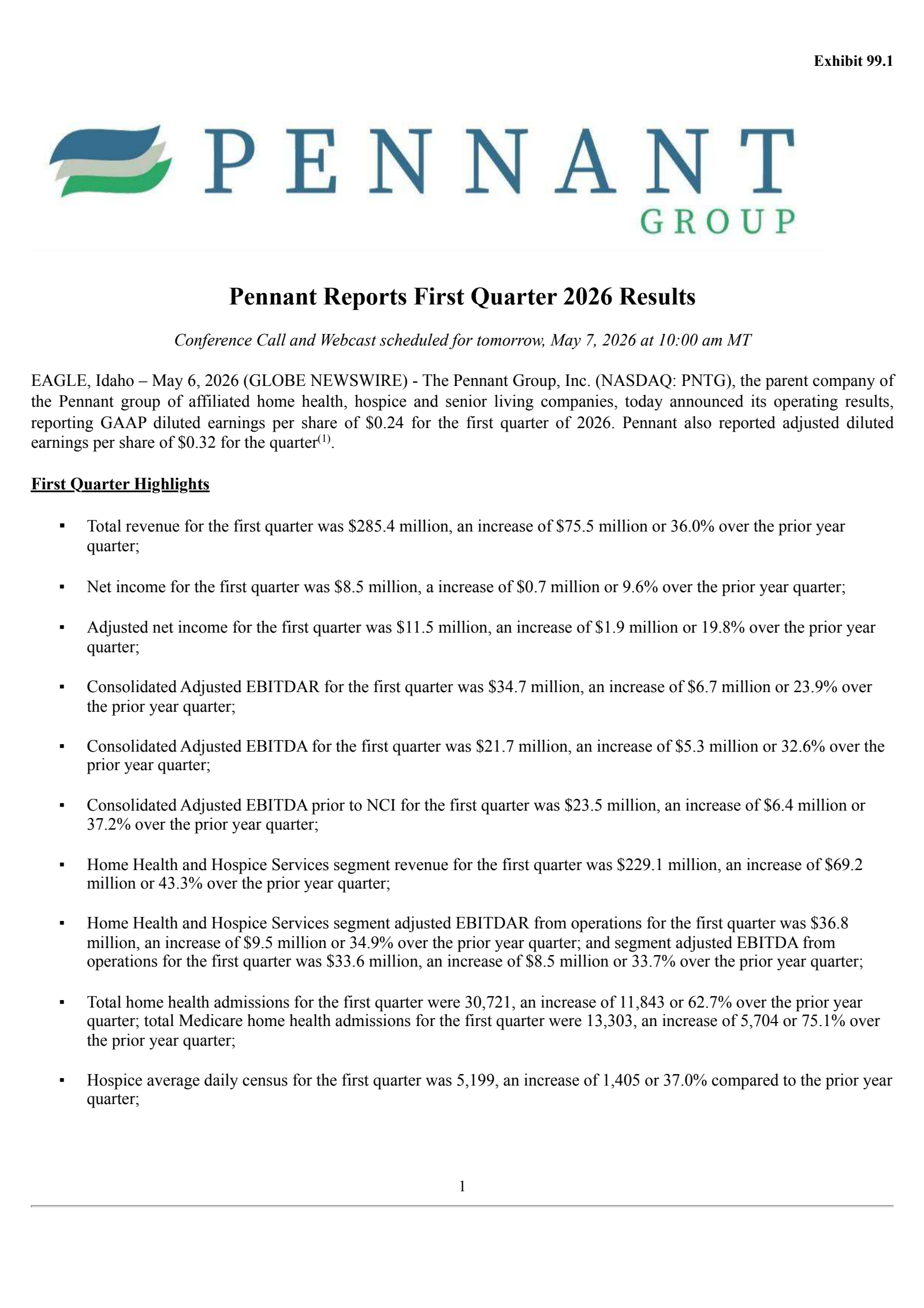 The Pennant Group's Q1 2026 Press Release
