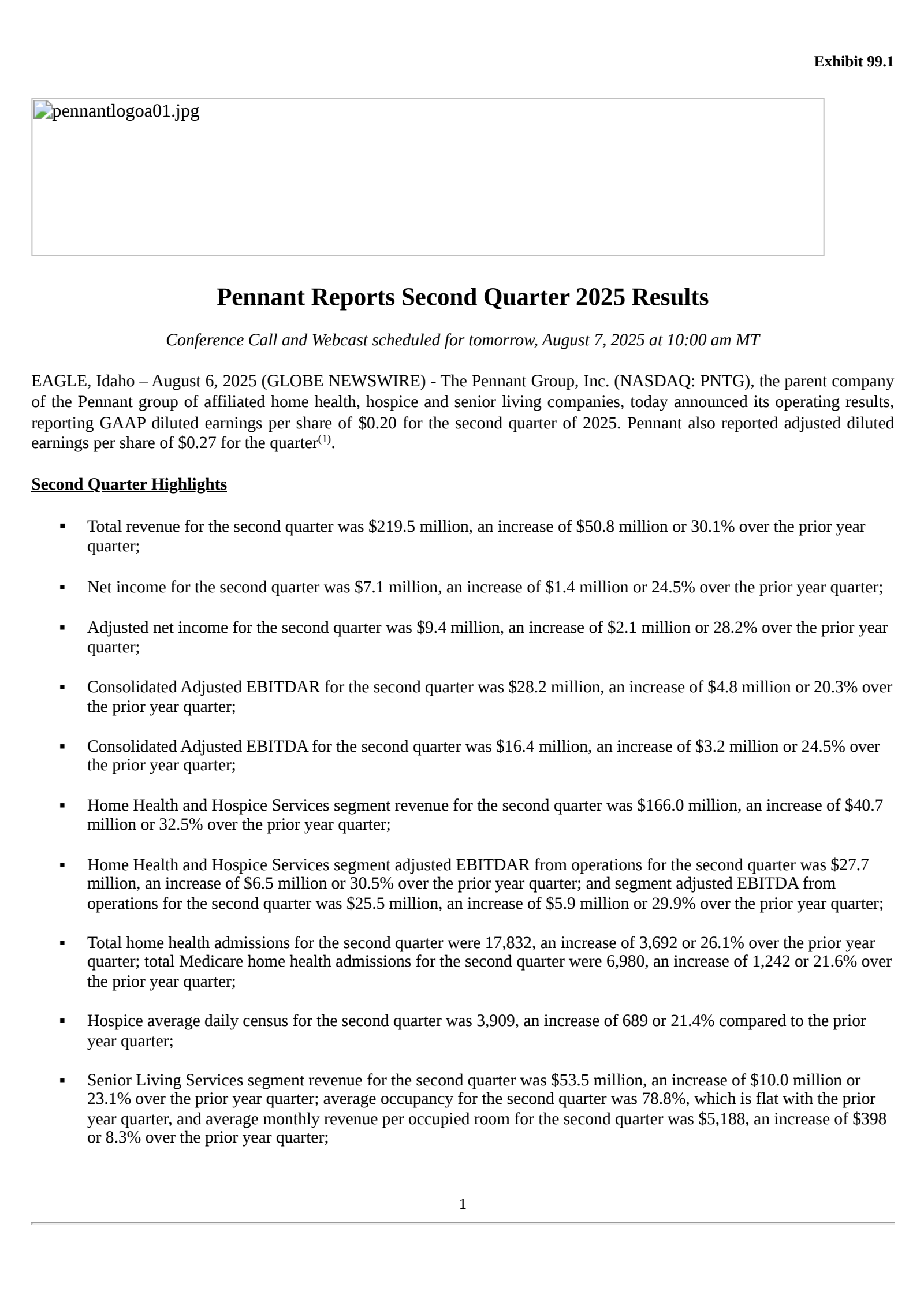 The Pennant Group's Q2 2025 Press Release