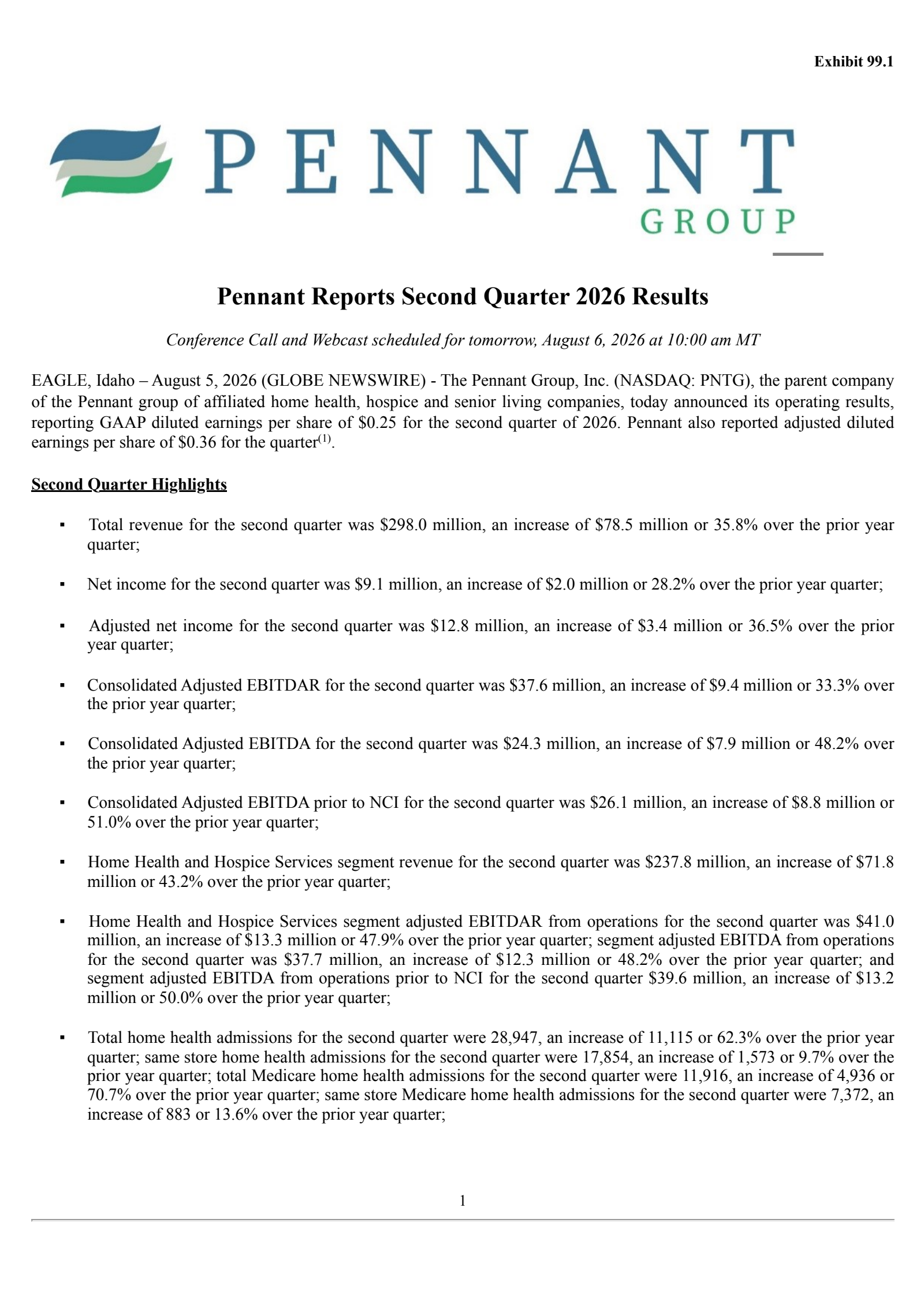 The Pennant Group's Q2 2026 Press Release
