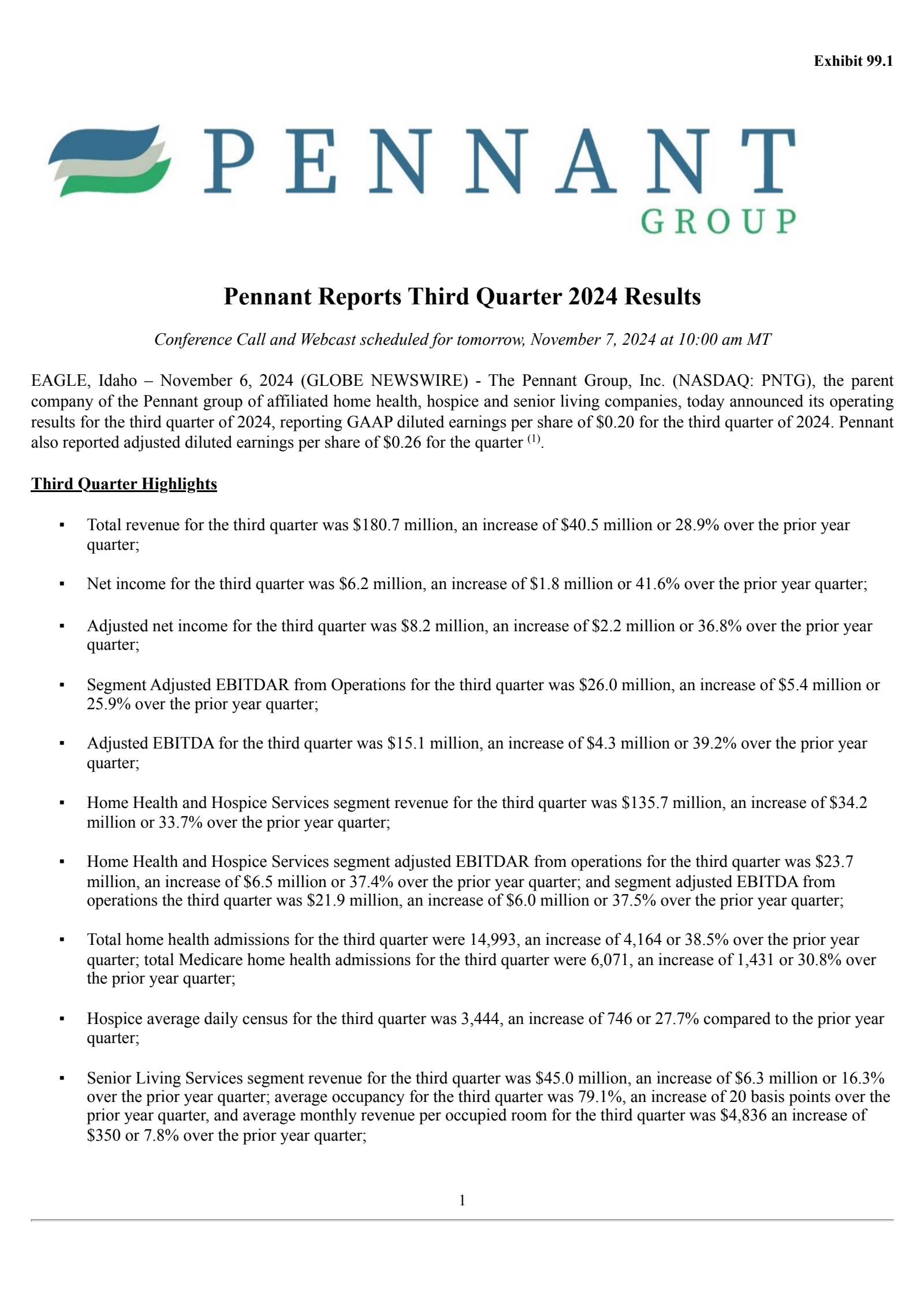 The Pennant Group's Q3 2024 Press Release