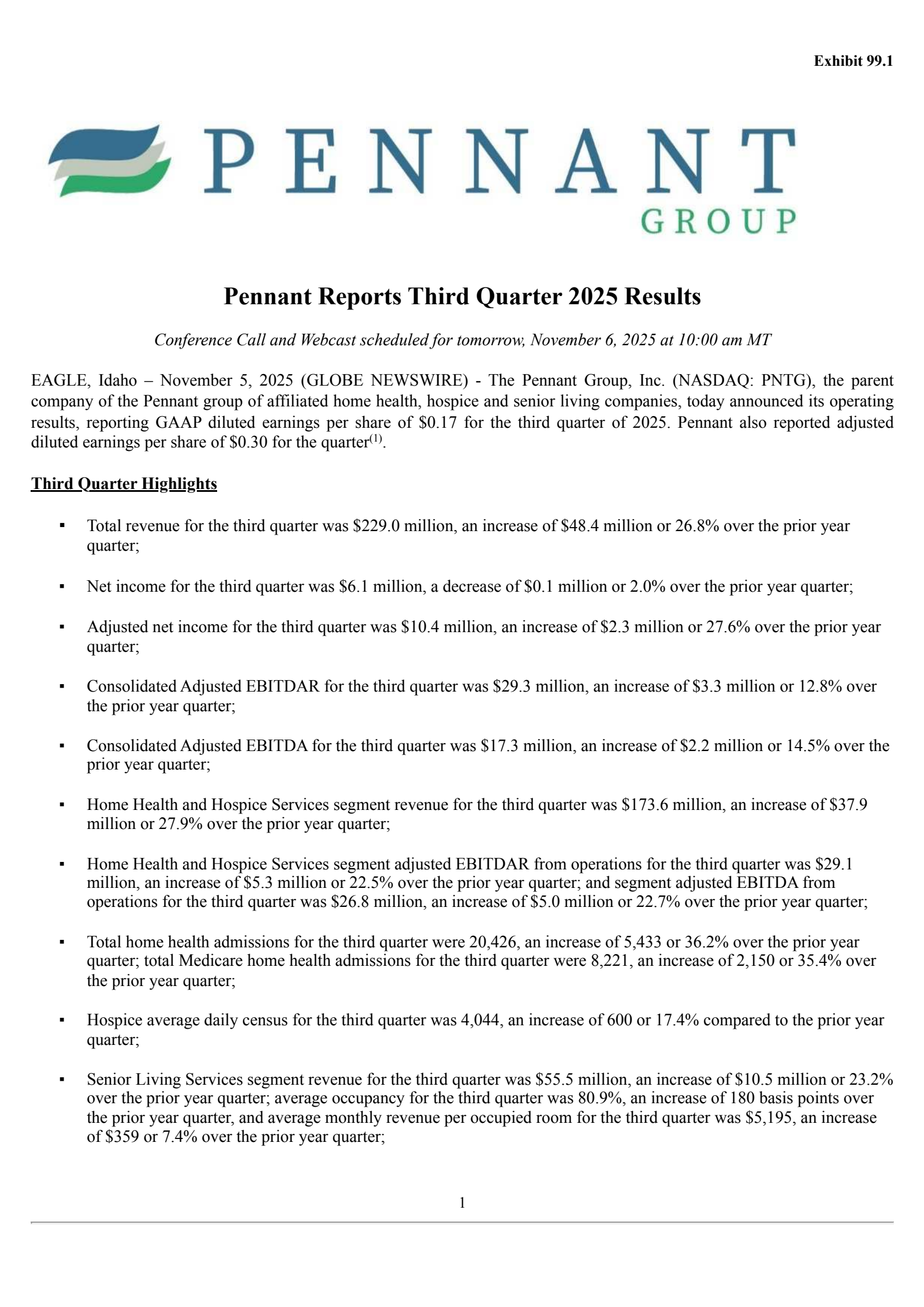 The Pennant Group's Q3 2025 Earnings Release