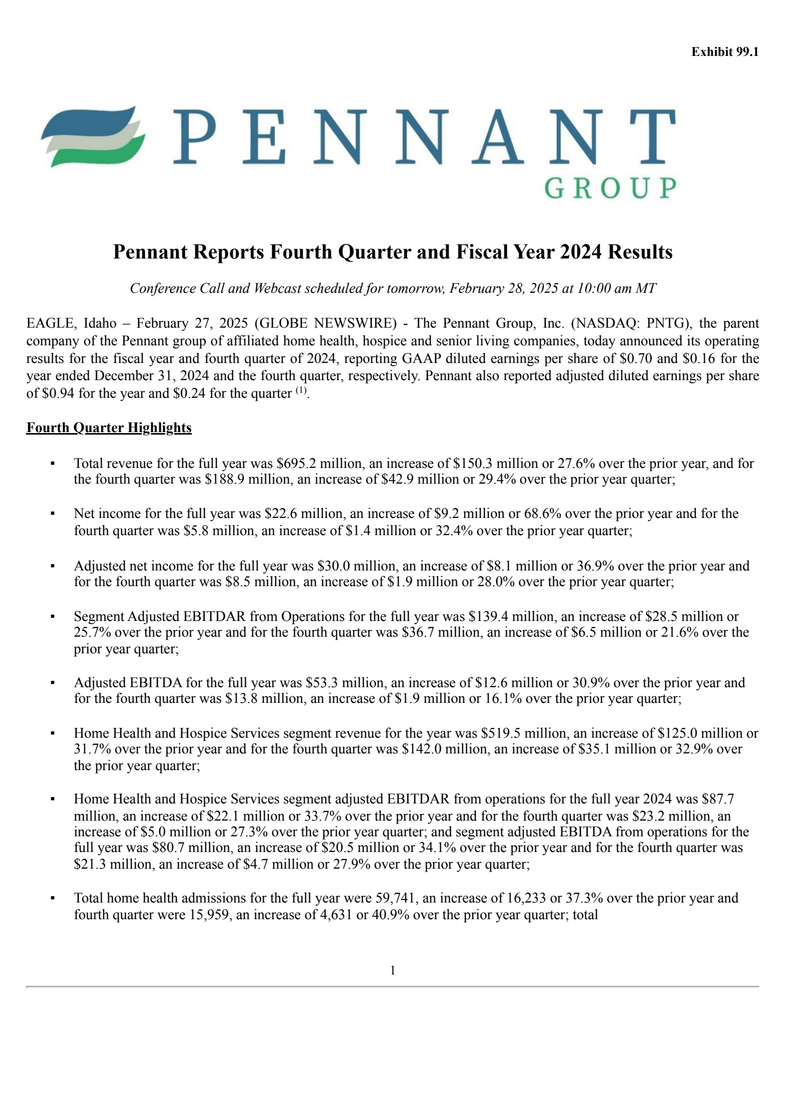 The Pennant Group's Q4 2024 Press Release