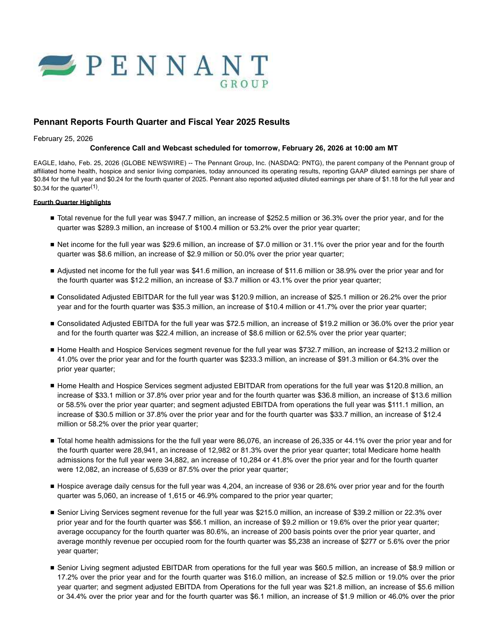 The Pennant Group's Q4 2025 Press Release