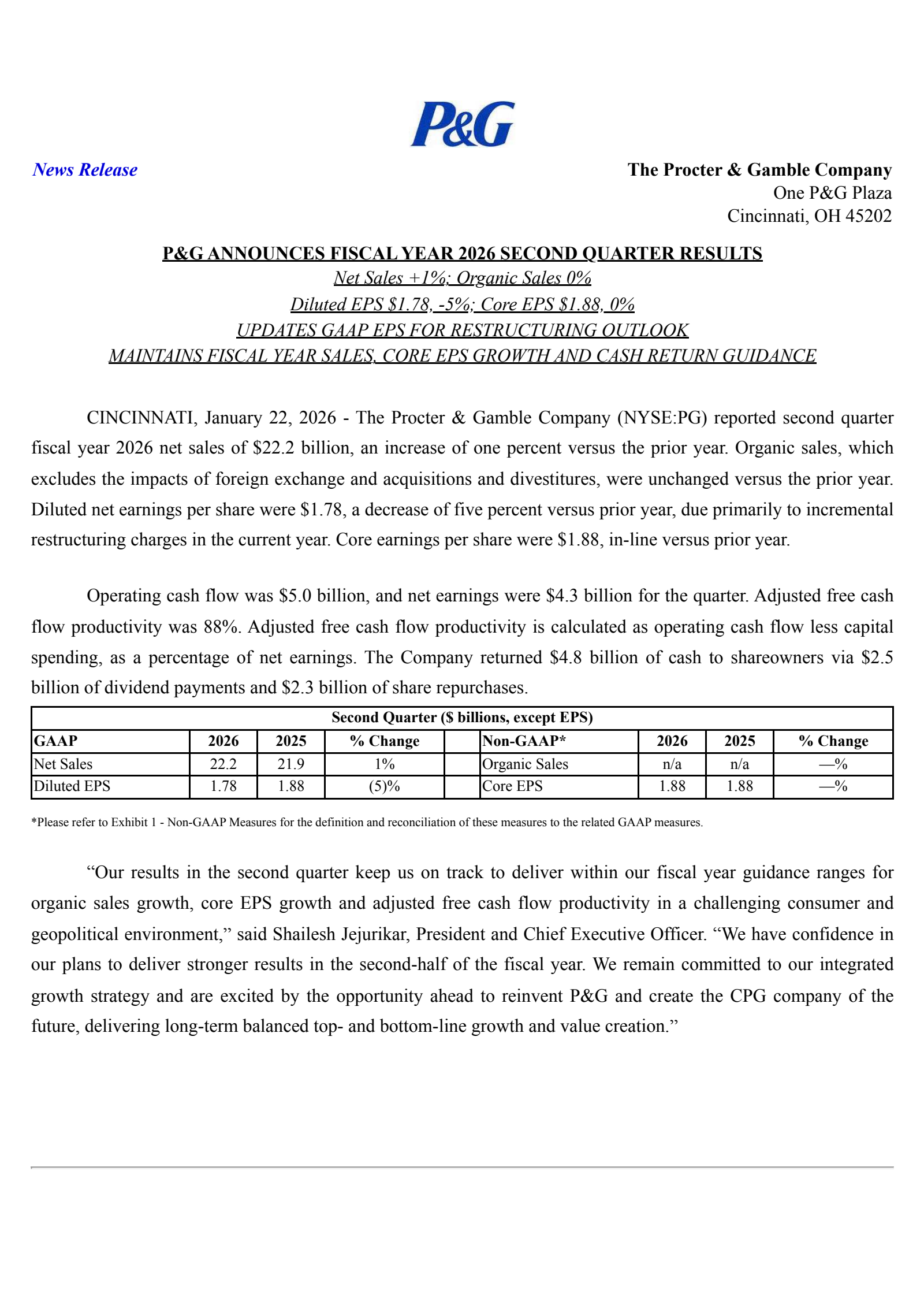 Procter & Gamble's Q2 2026 Press Release