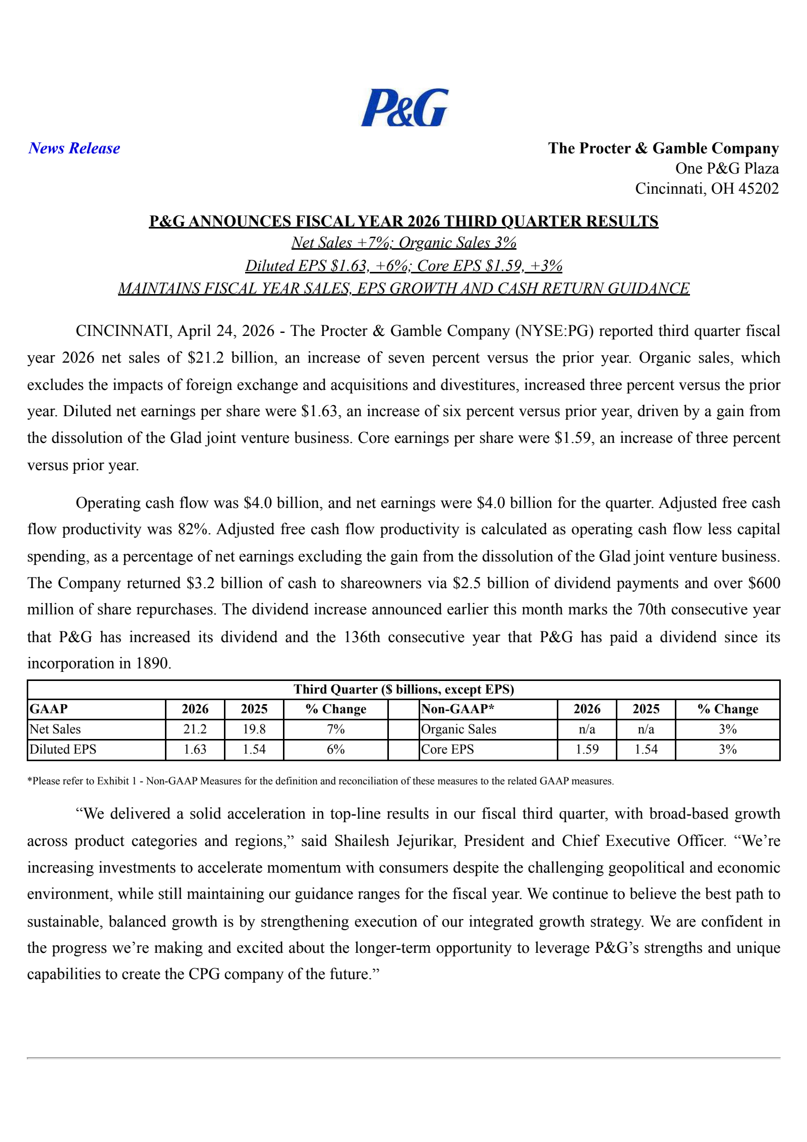Procter & Gamble's Q3 2026 Press Release