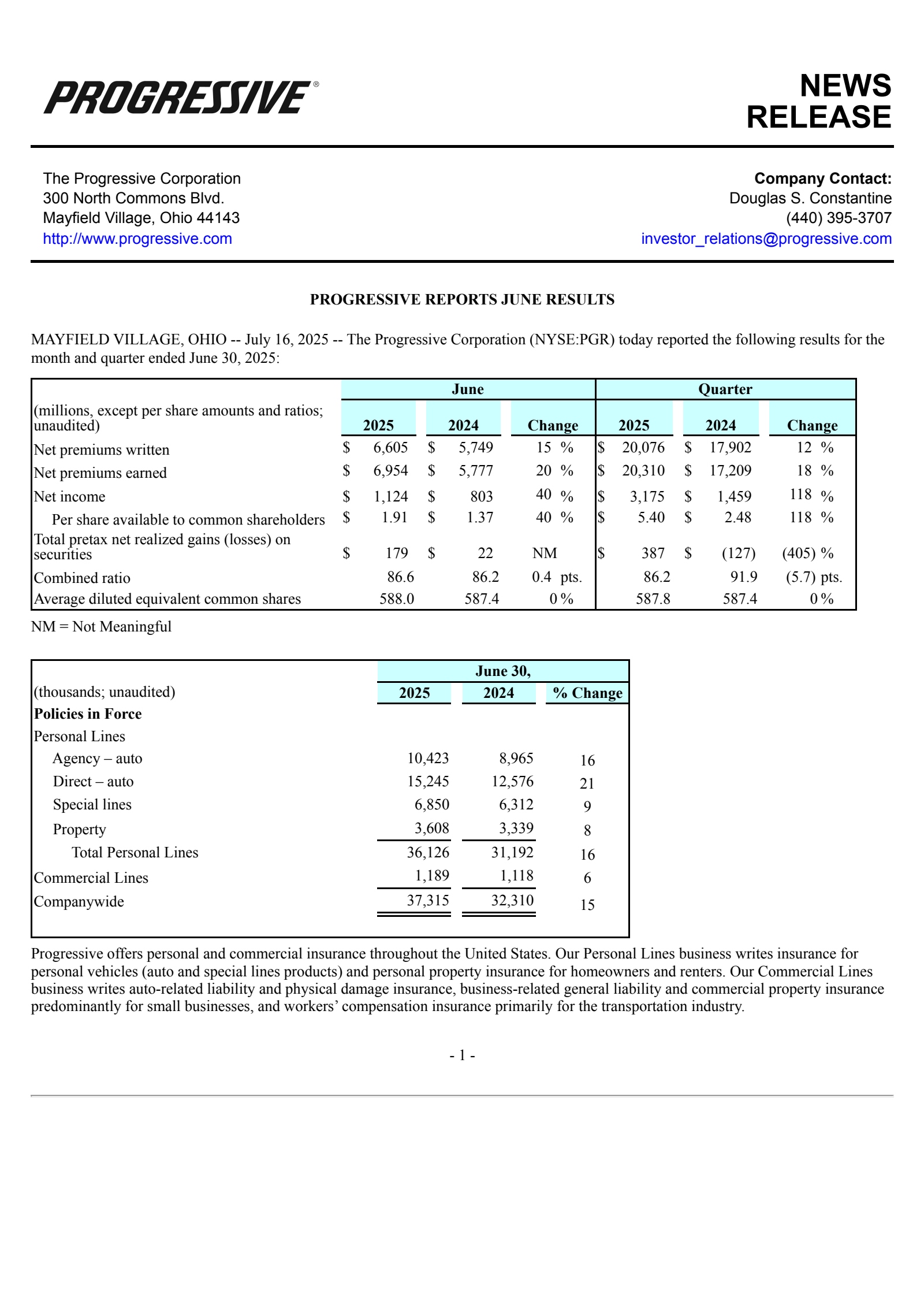 Progressive's Q2 2025 Press Release