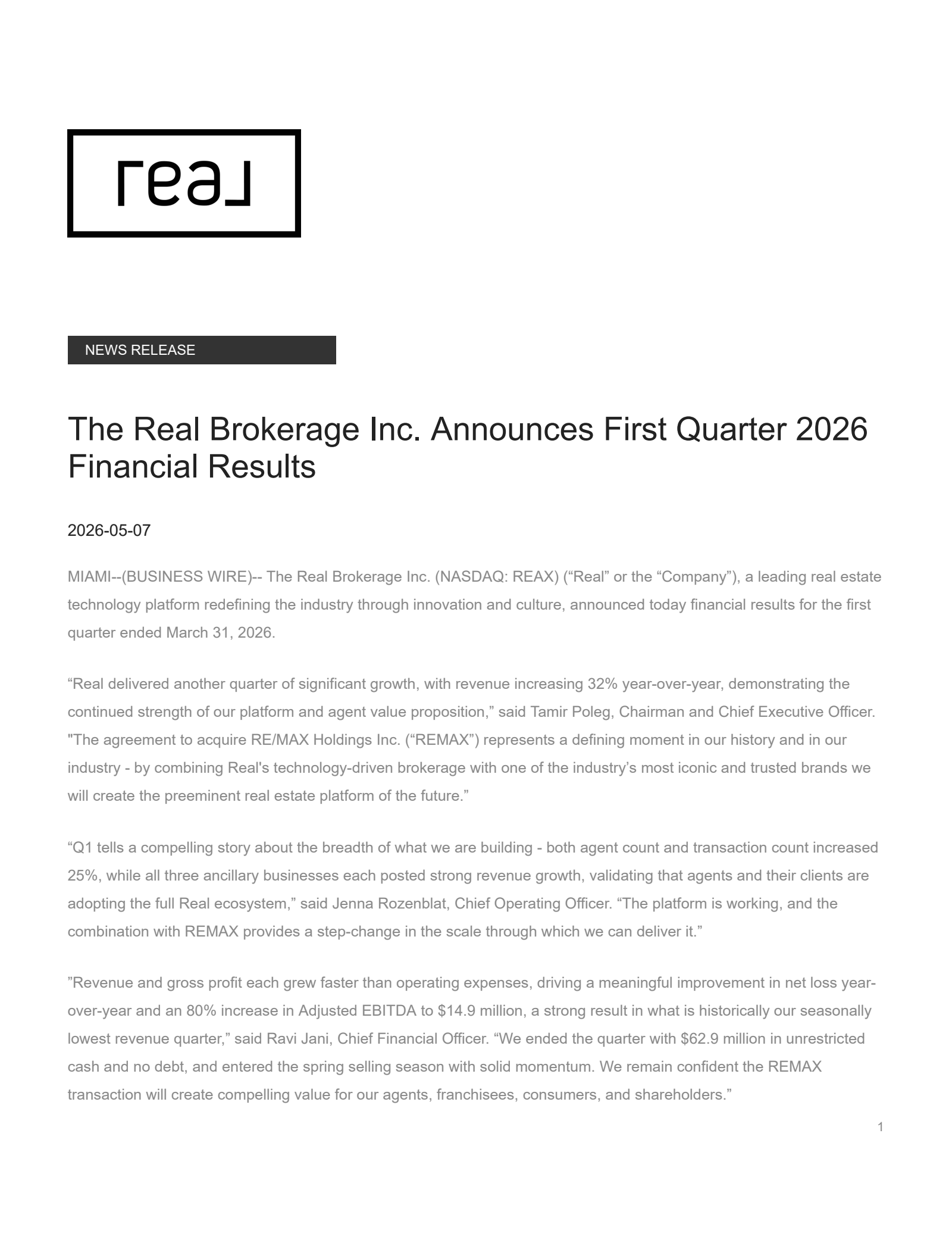 Real Brokerage's Q1 2026 Press Release