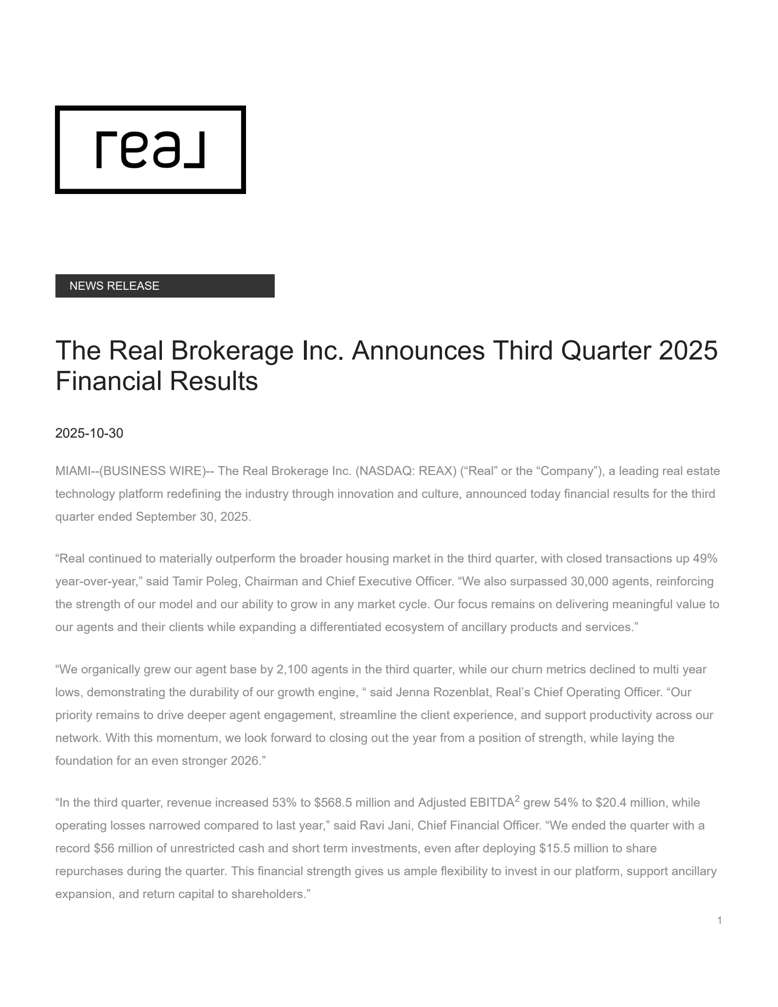 Real REMAX Group's Q3 2025 Press Release