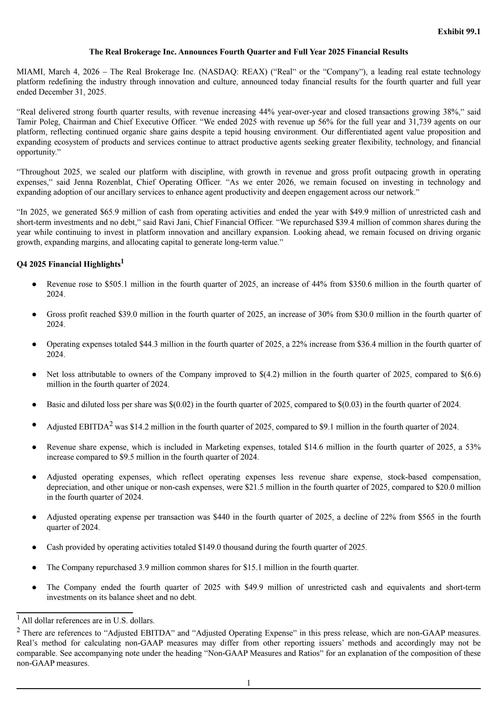 Real Brokerage's Q4 2025 Press Release