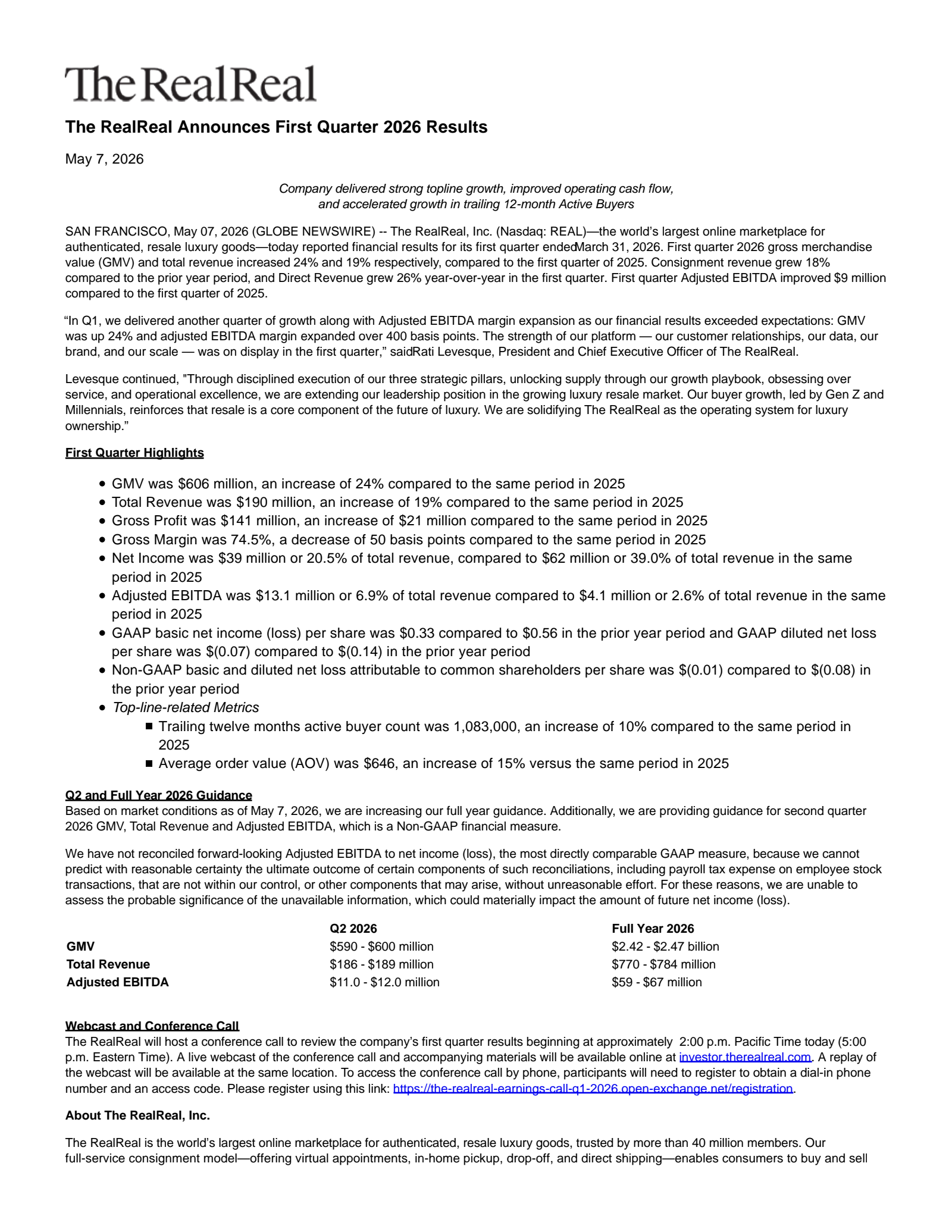 RealReal's Q1 2026 Press Release