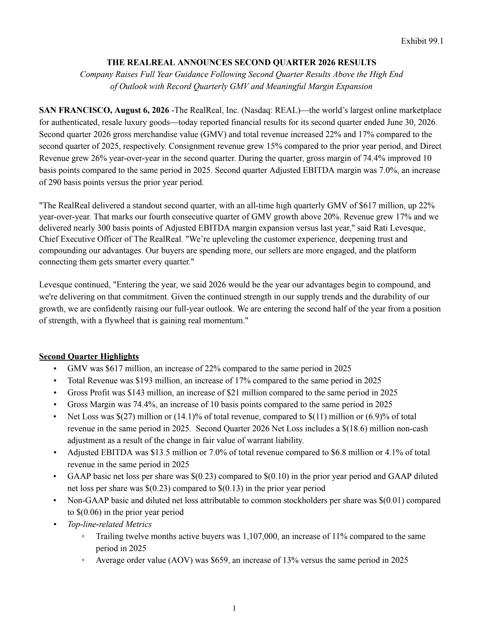 RealReal's Q2 2026 Press Release