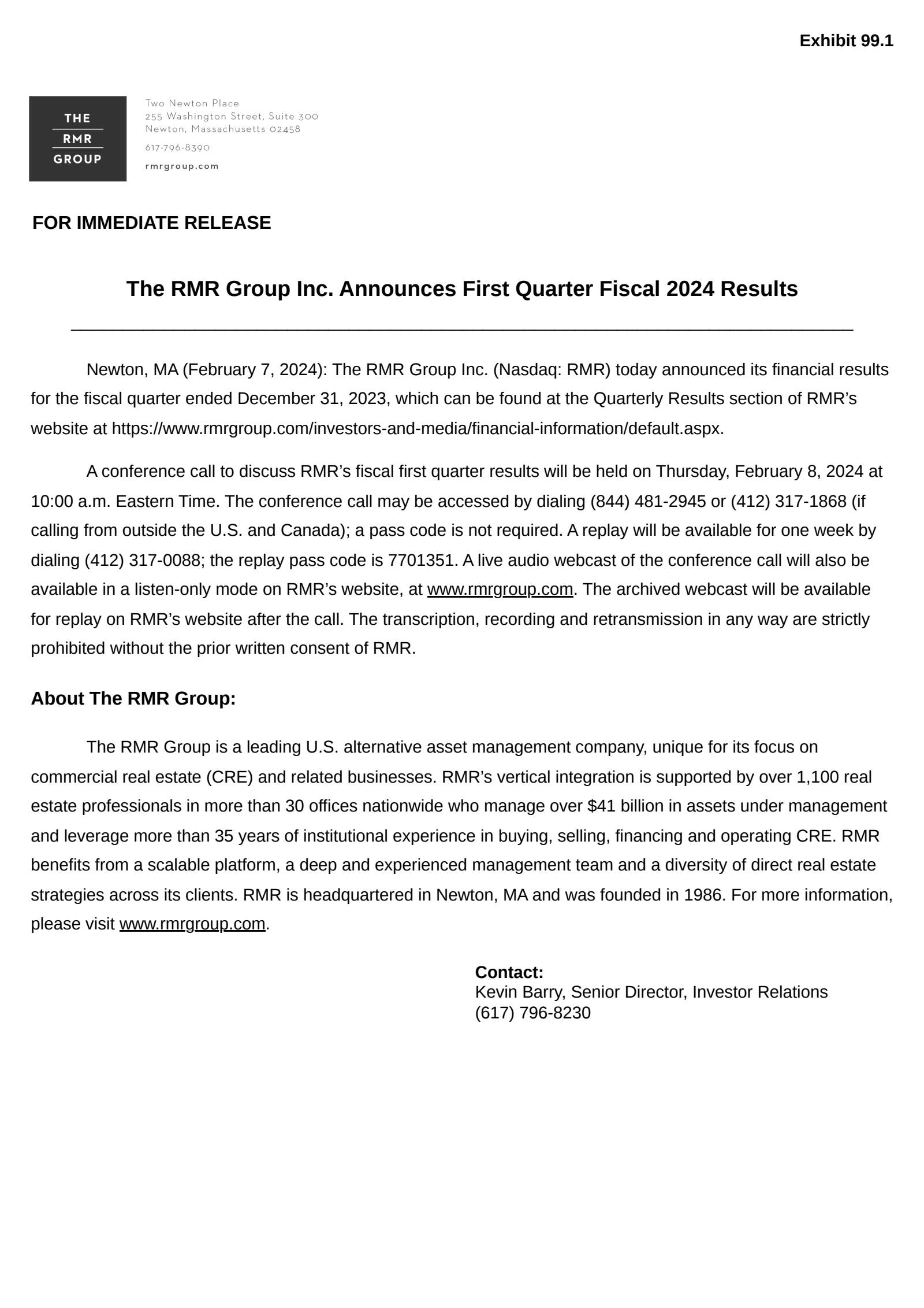 The RMR Group's Q1 2024 Press Release