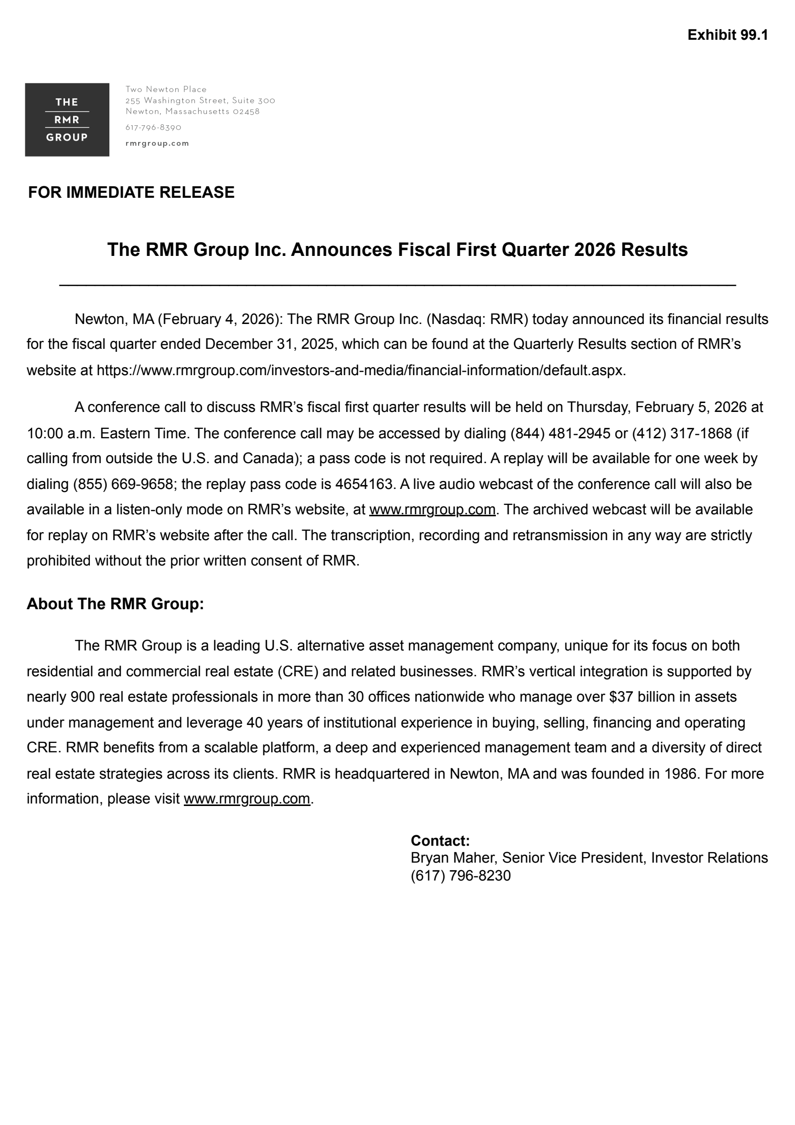 The RMR Group's Q1 2026 Press Release