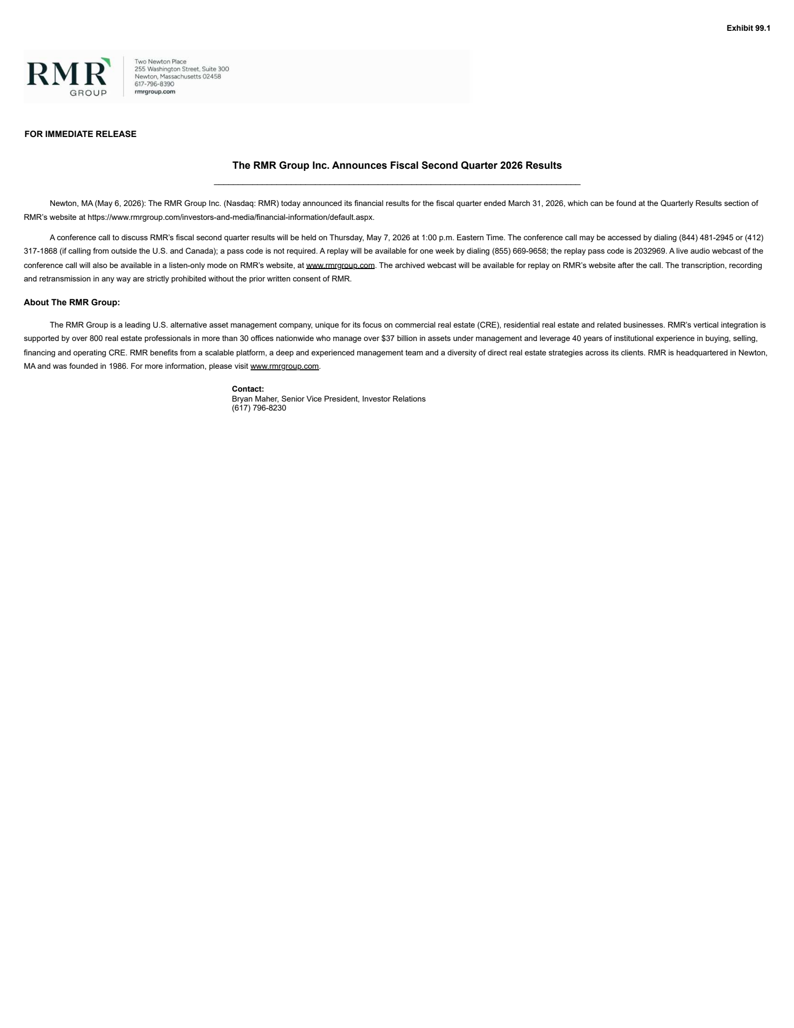 The RMR Group's Q2 2026 Press Release