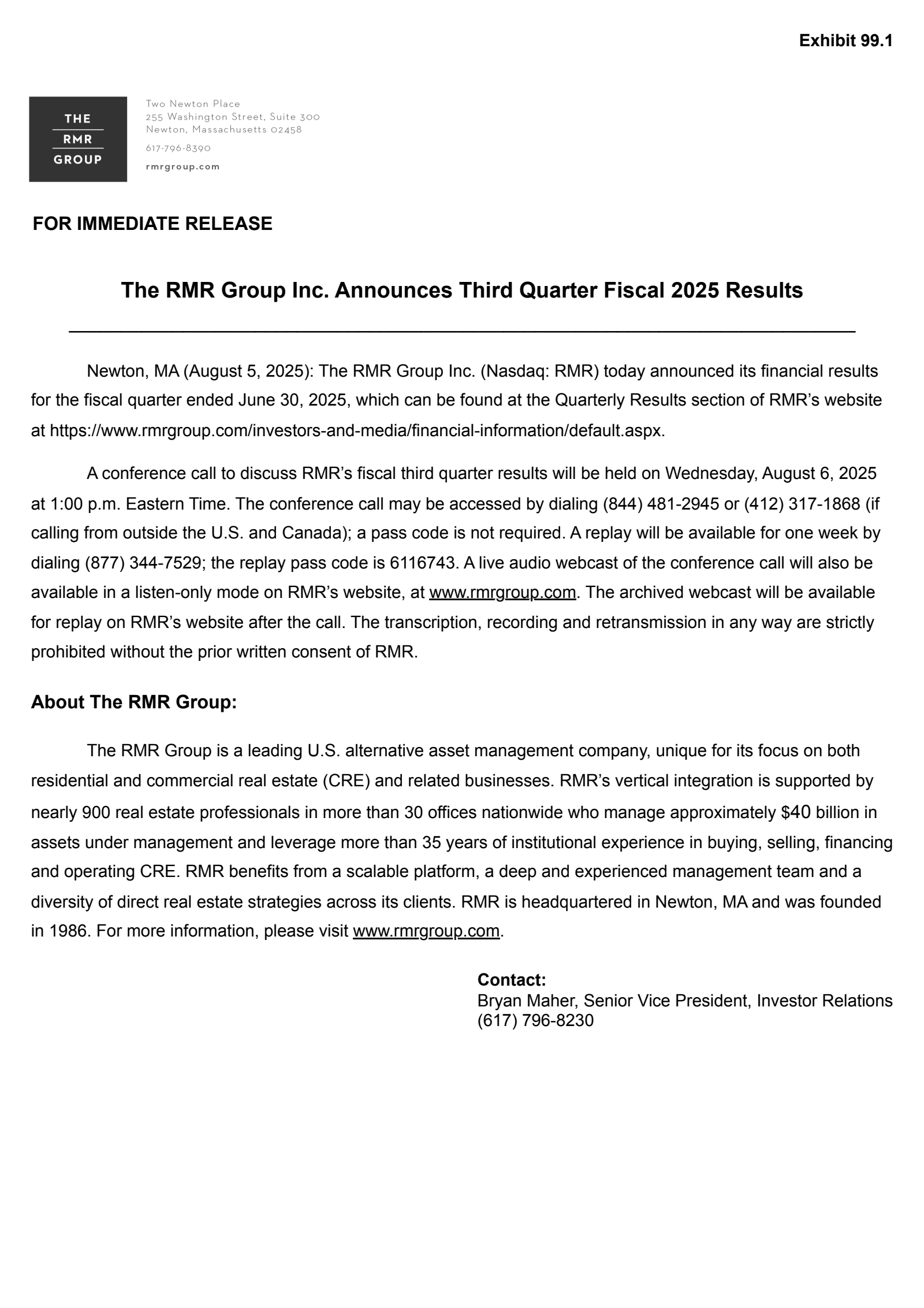 The RMR Group's Q3 2025 Press Release