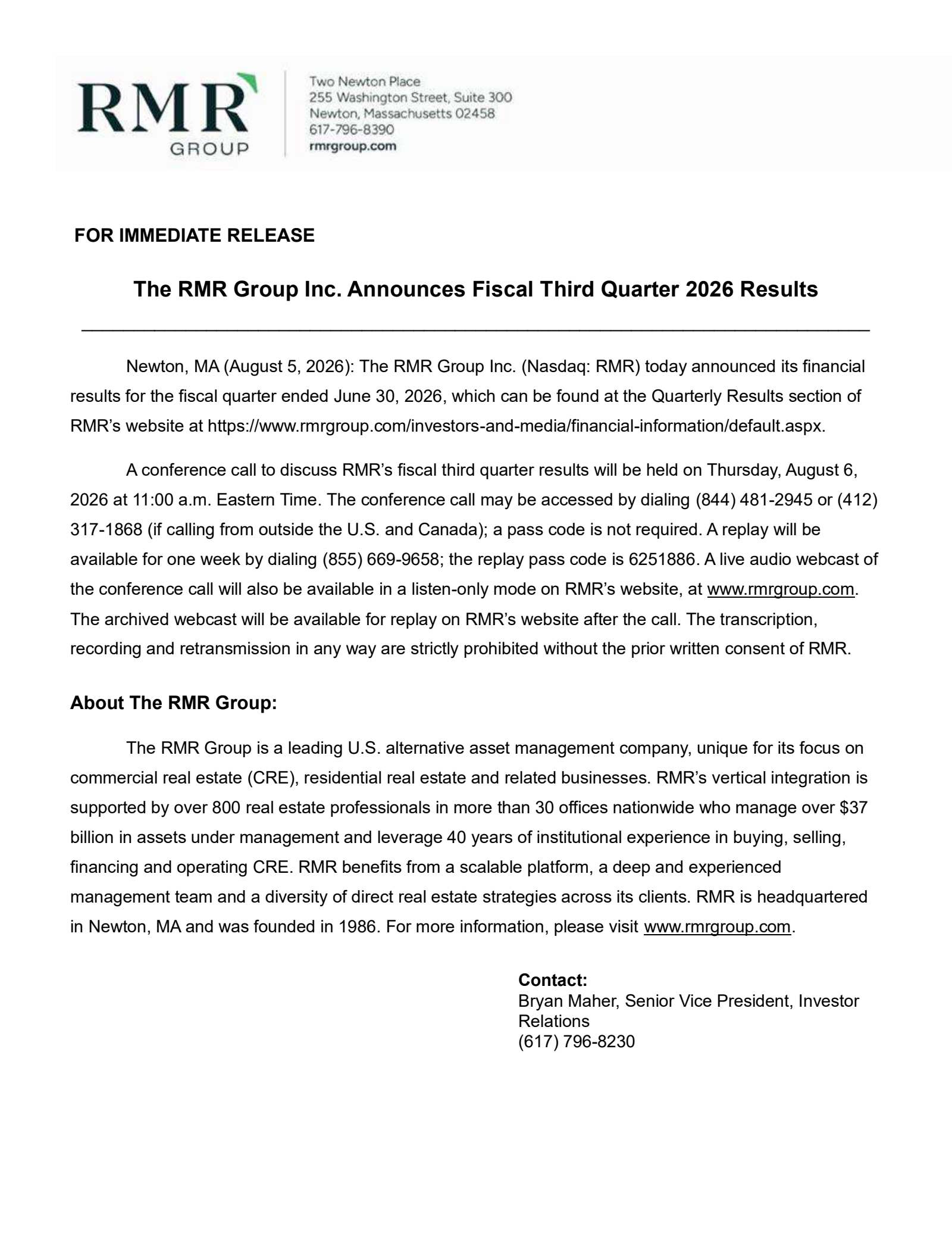 The RMR Group's Q3 2026 Press Release
