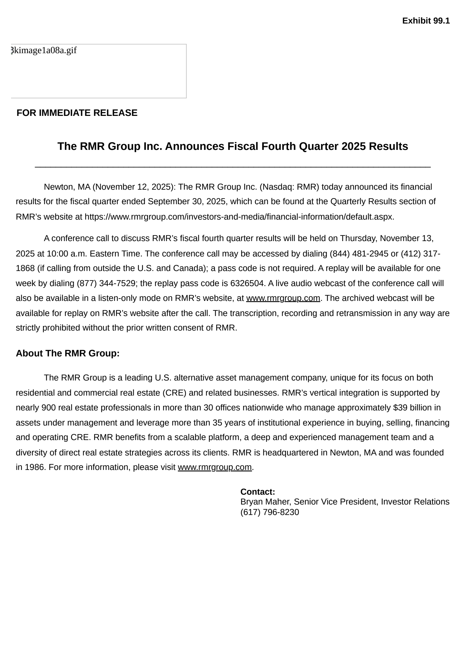 The RMR Group's Q4 2025 Earnings Release