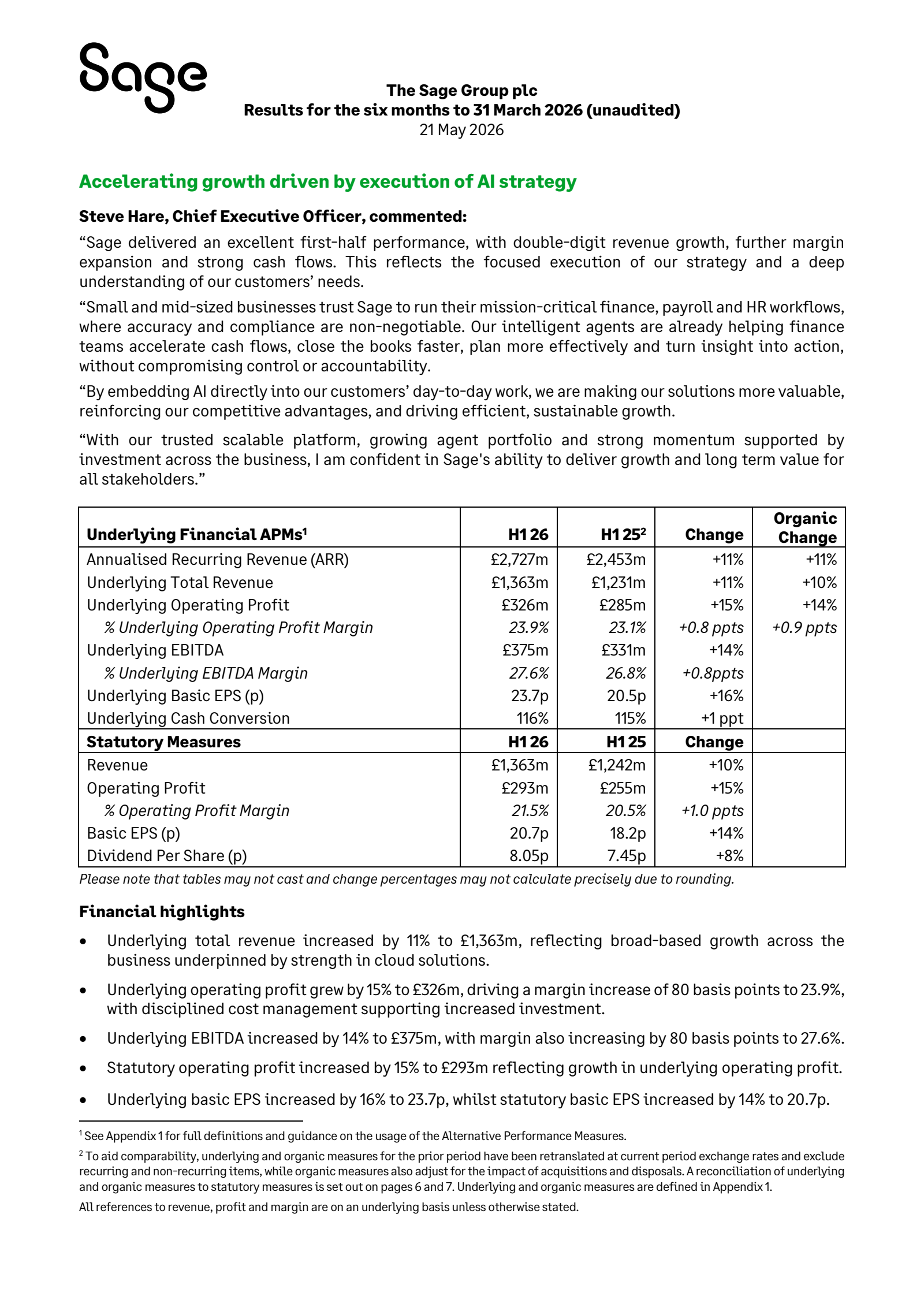 The Sage Group's H1 2026 Interim report