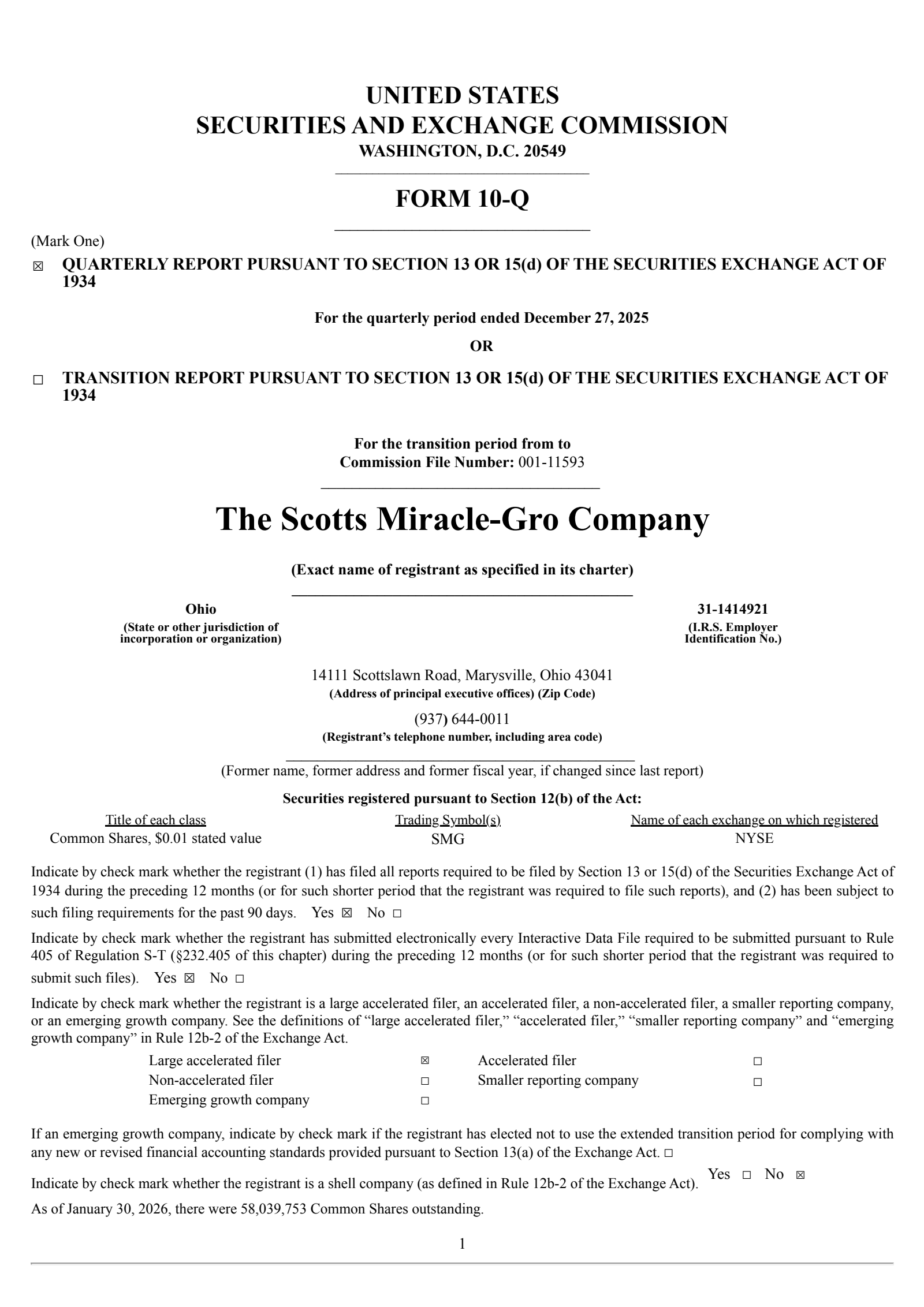 Scotts Miracle-Gro's Q1 2026 Quarterly report