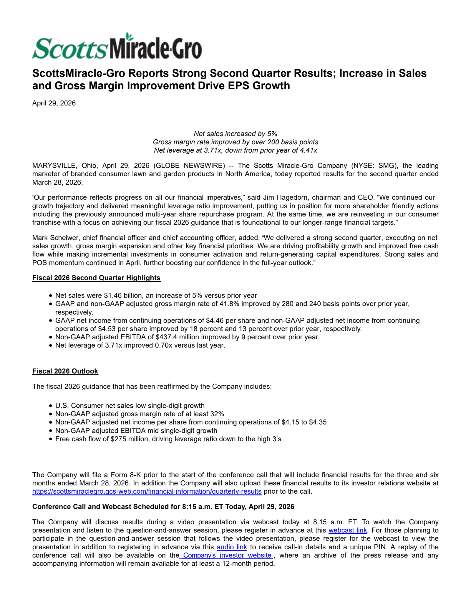 Scotts Miracle-Gro's Q2 2026 Press Release
