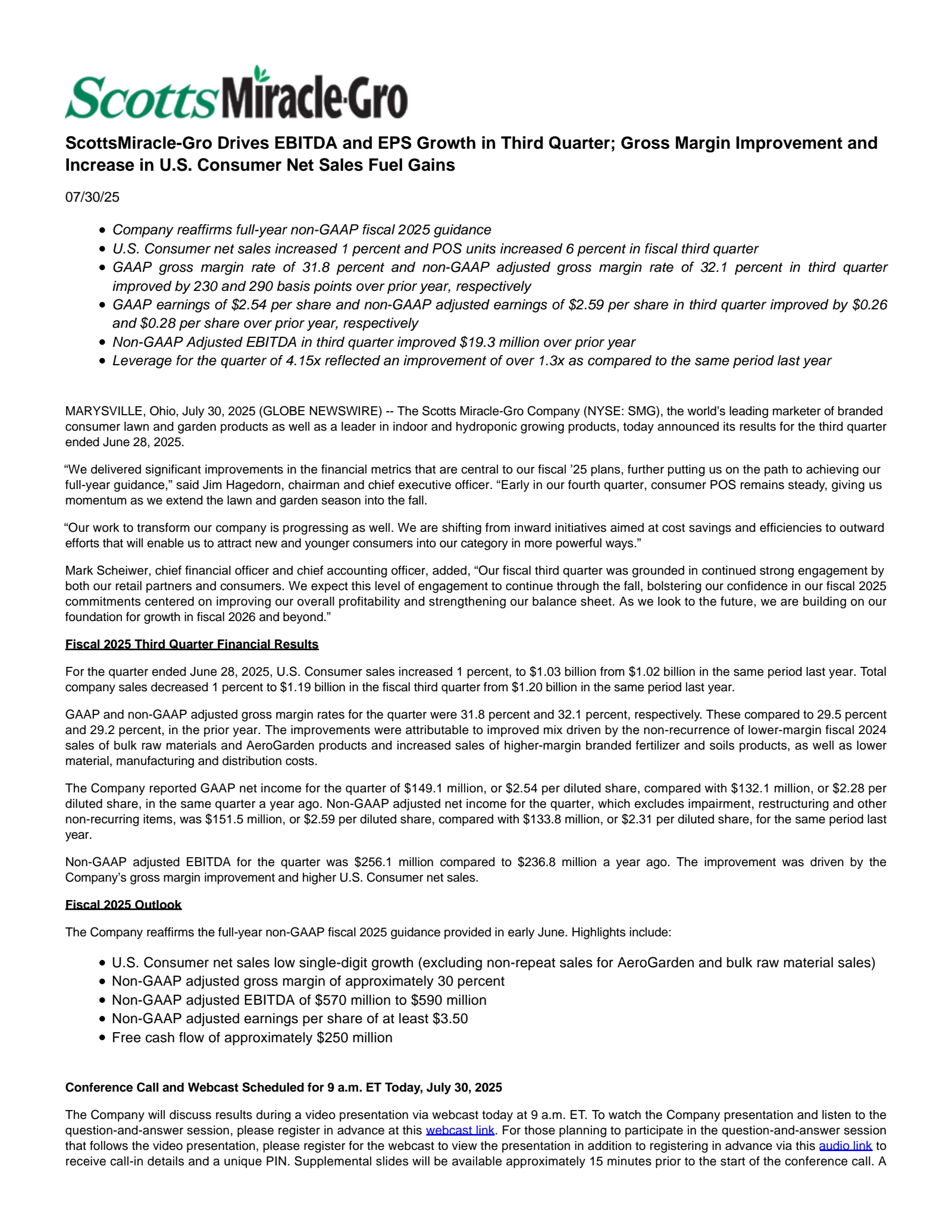 Scotts Miracle-Gro's Q3 2025 Press Release