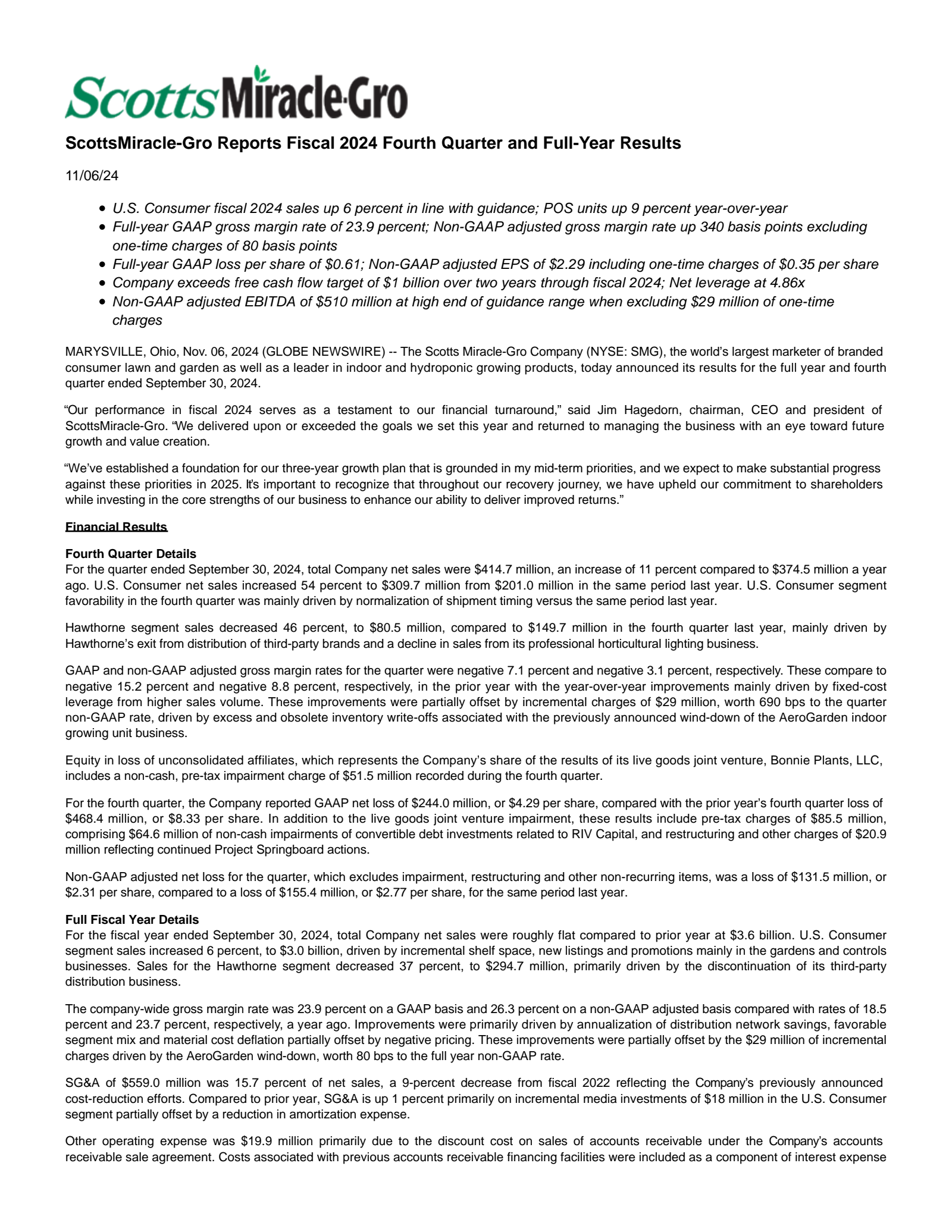 Scotts Miracle-Gro's Q4 2024 Press Release
