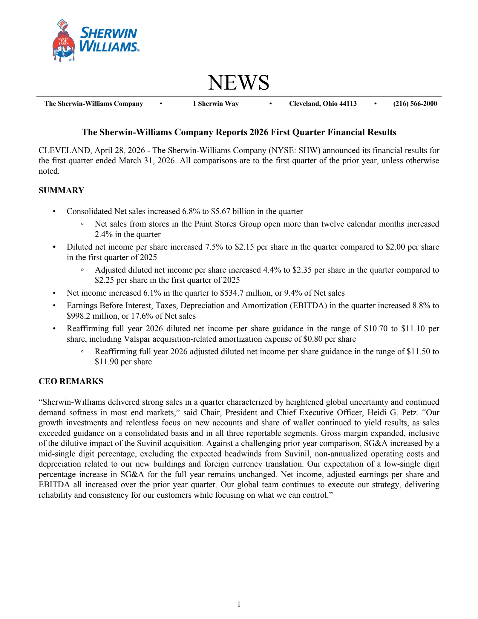Sherwin-Williams' Q1 2026 Press Release