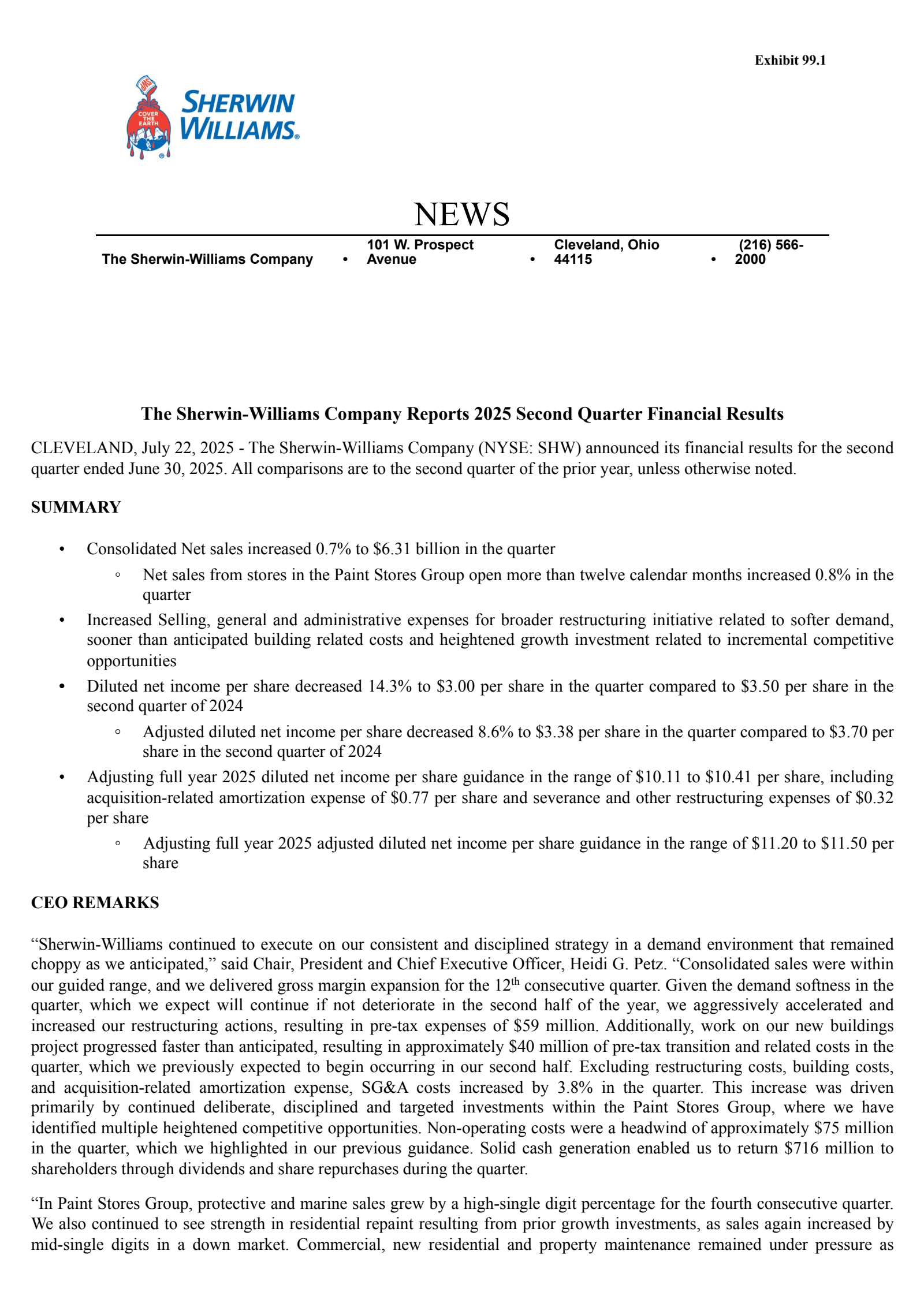 Sherwin-Williams' Q2 2025 Press Release