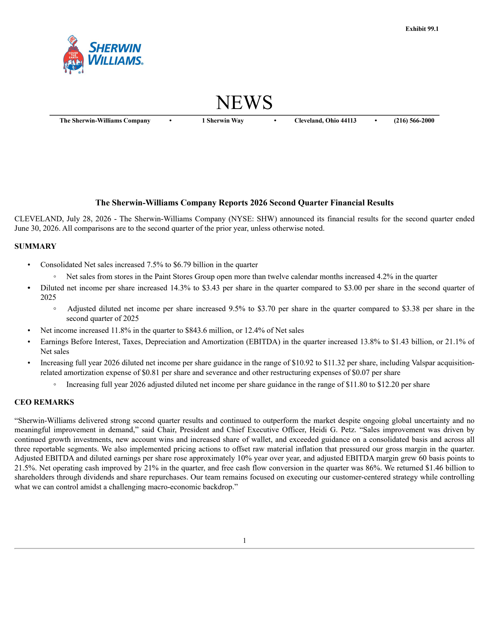 Sherwin-Williams' Q2 2026 Press Release