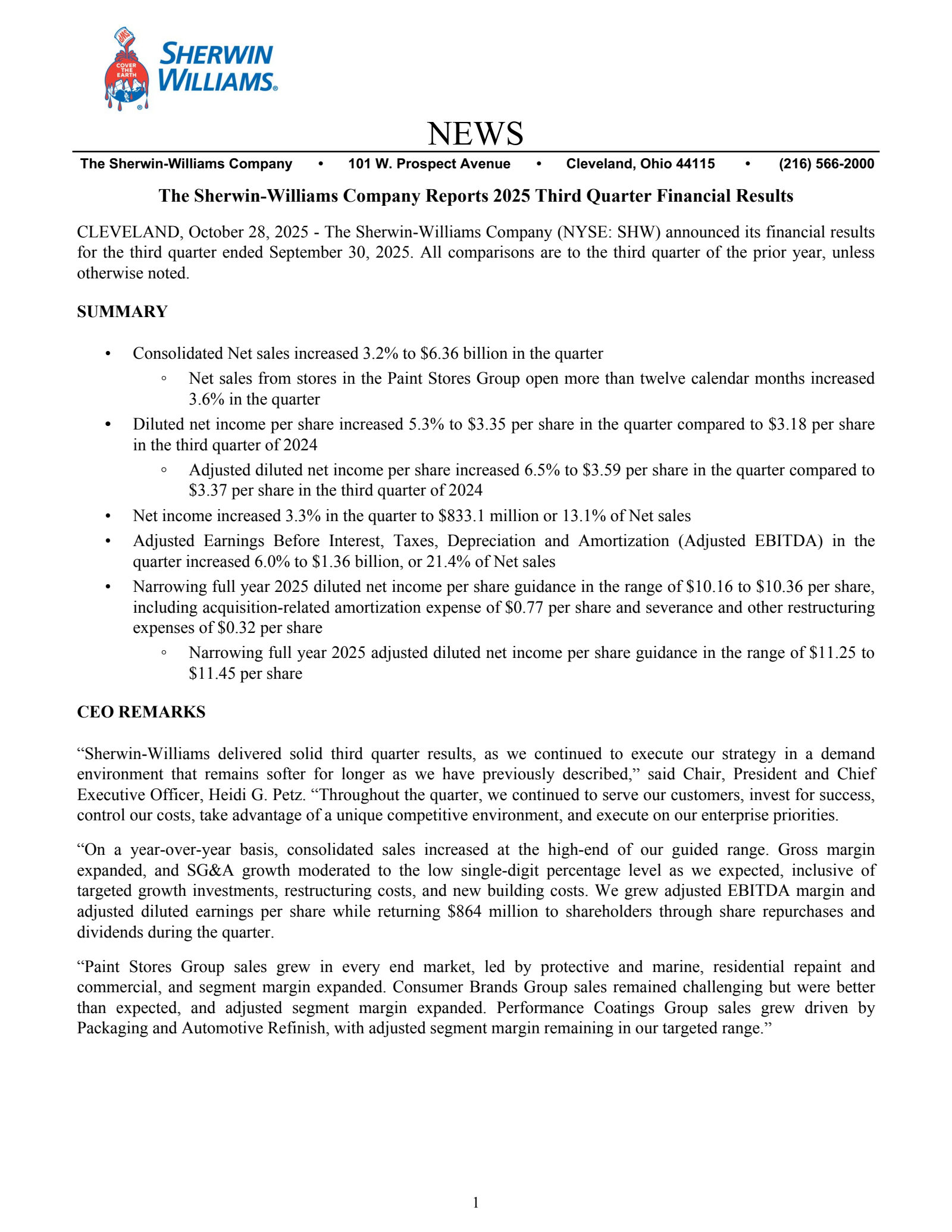 Sherwin-Williams' Q3 2025 Earnings Release