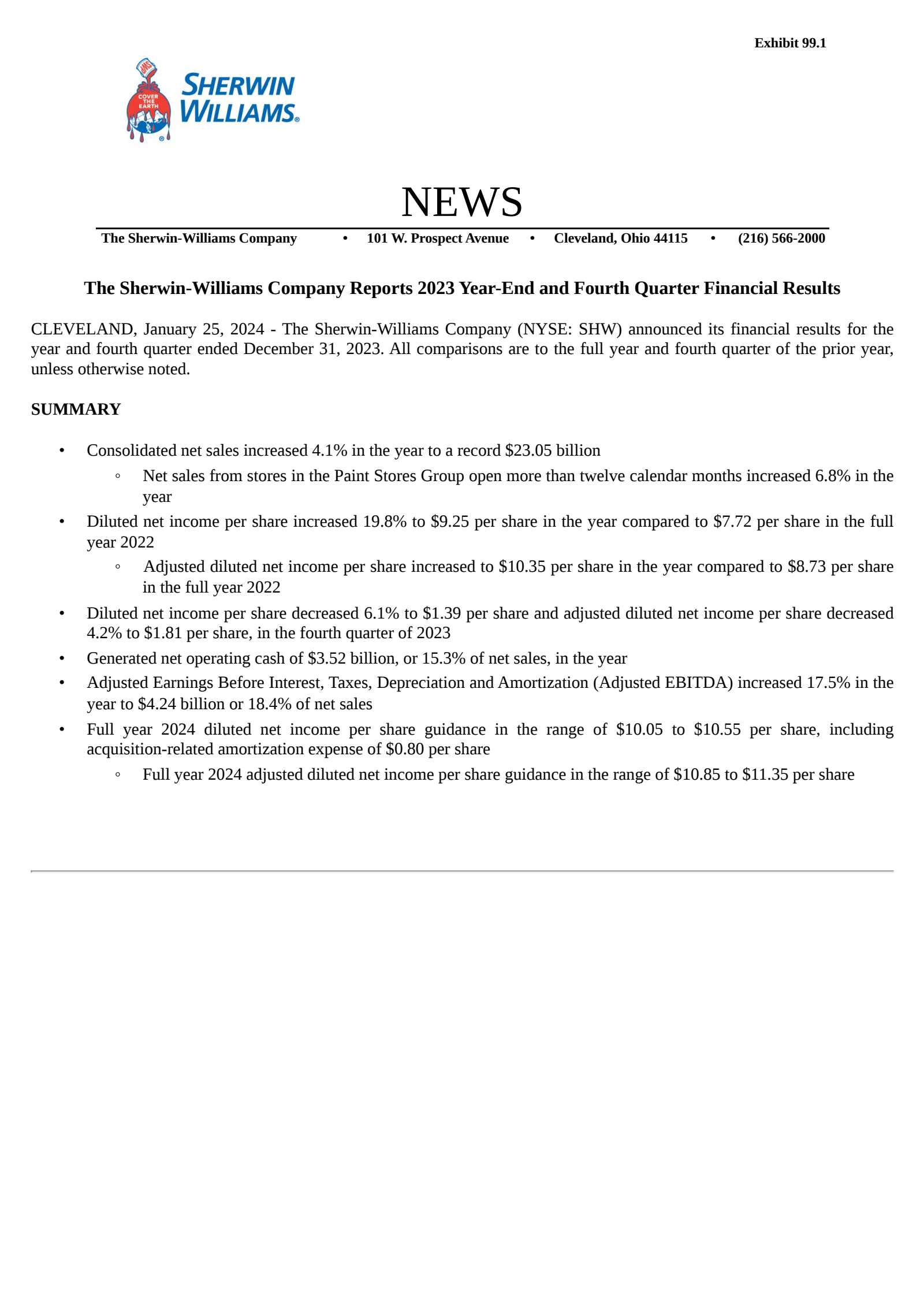 Sherwin-Williams' Q4 2023 Press Release