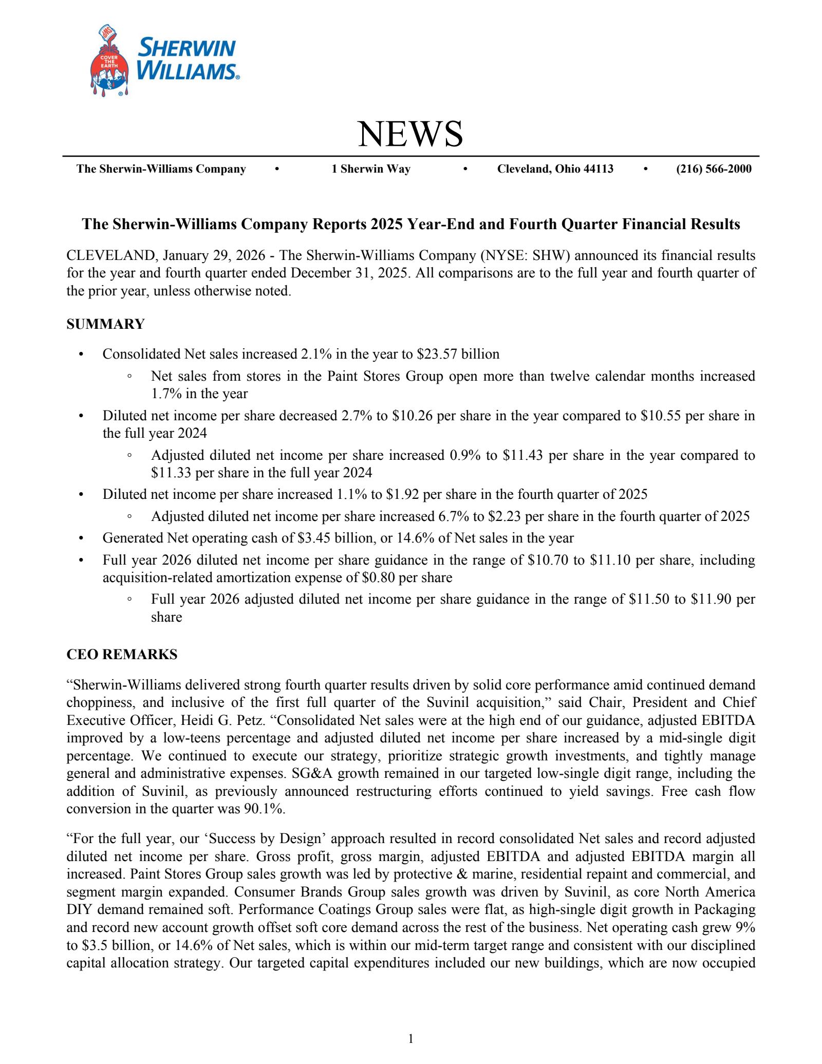 Sherwin-Williams' Q4 2025 Press Release