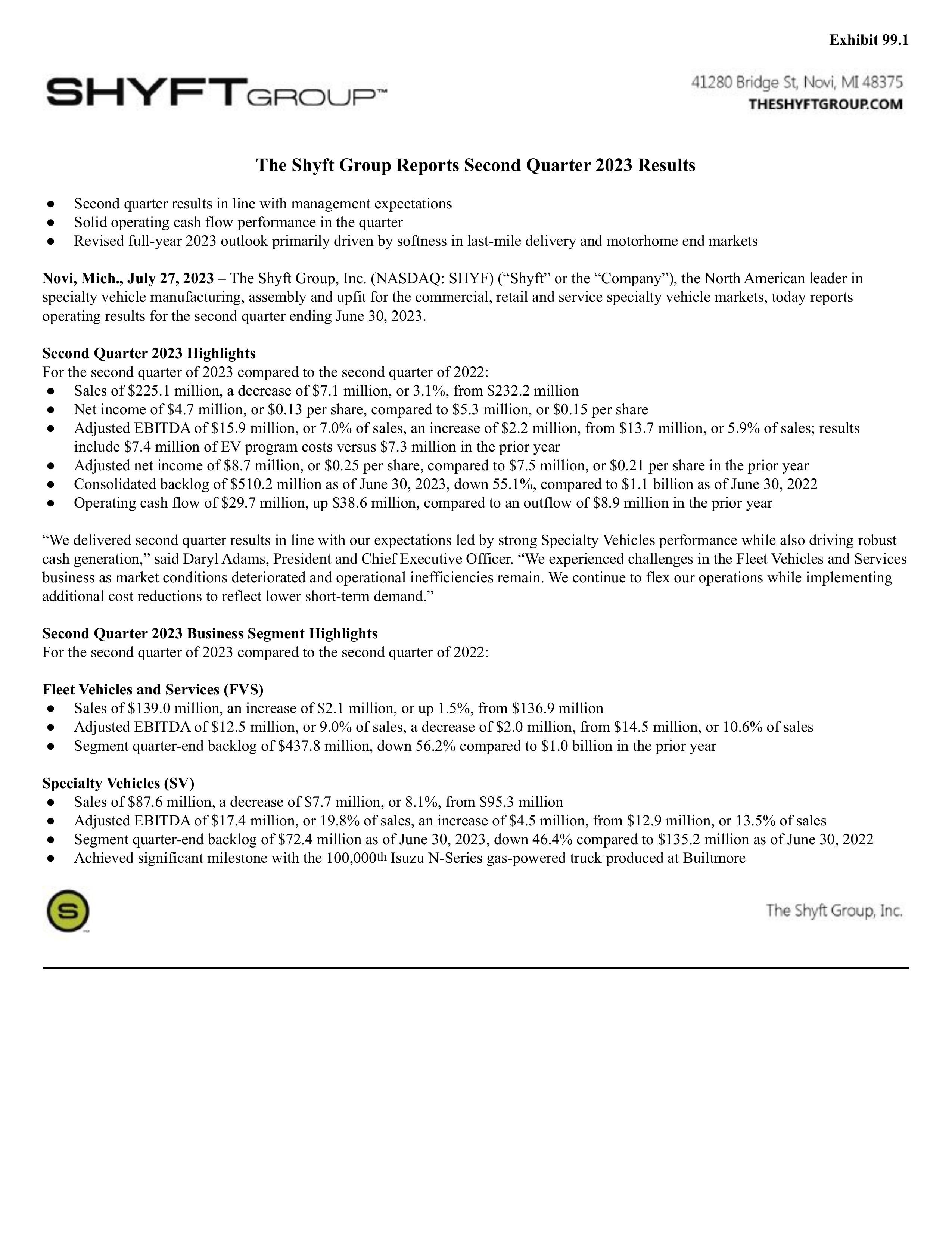The Shyft Group's Q2 2023 Press Release