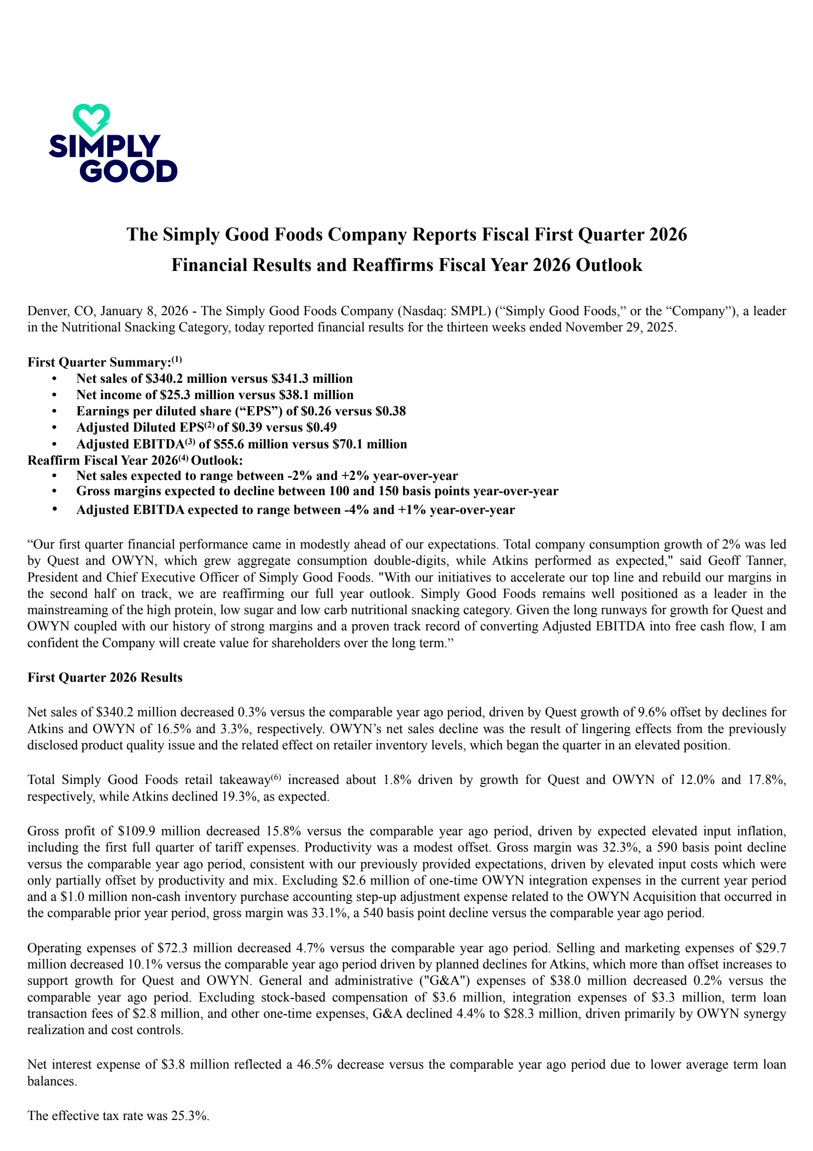 Simply Good Foods' Q1 2026 Earnings Release