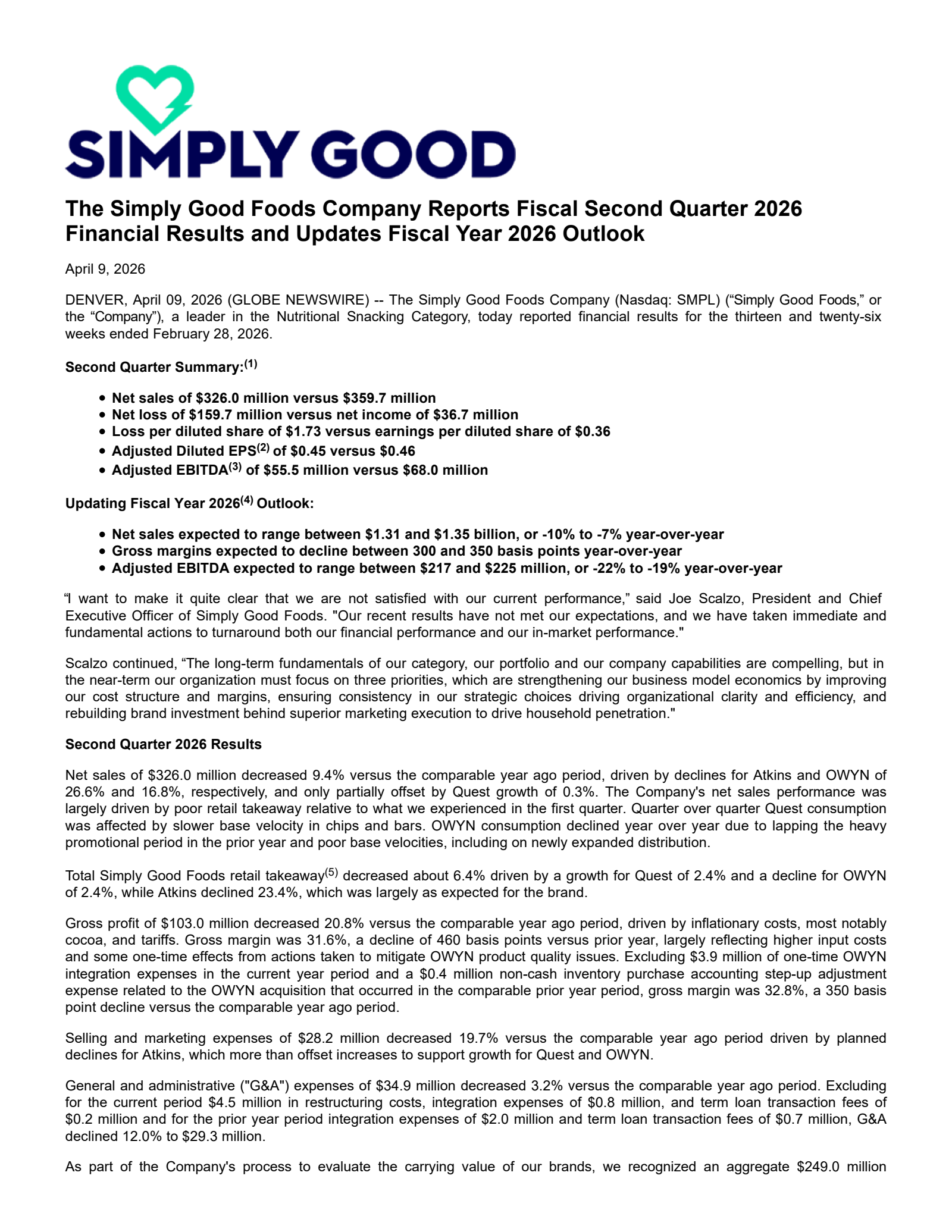 Simply Good Foods' Q2 2026 Press Release