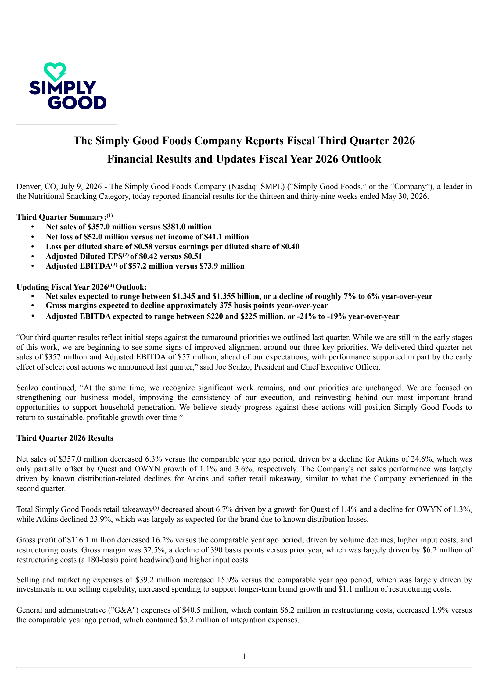 Simply Good Foods' Q3 2026 Press Release