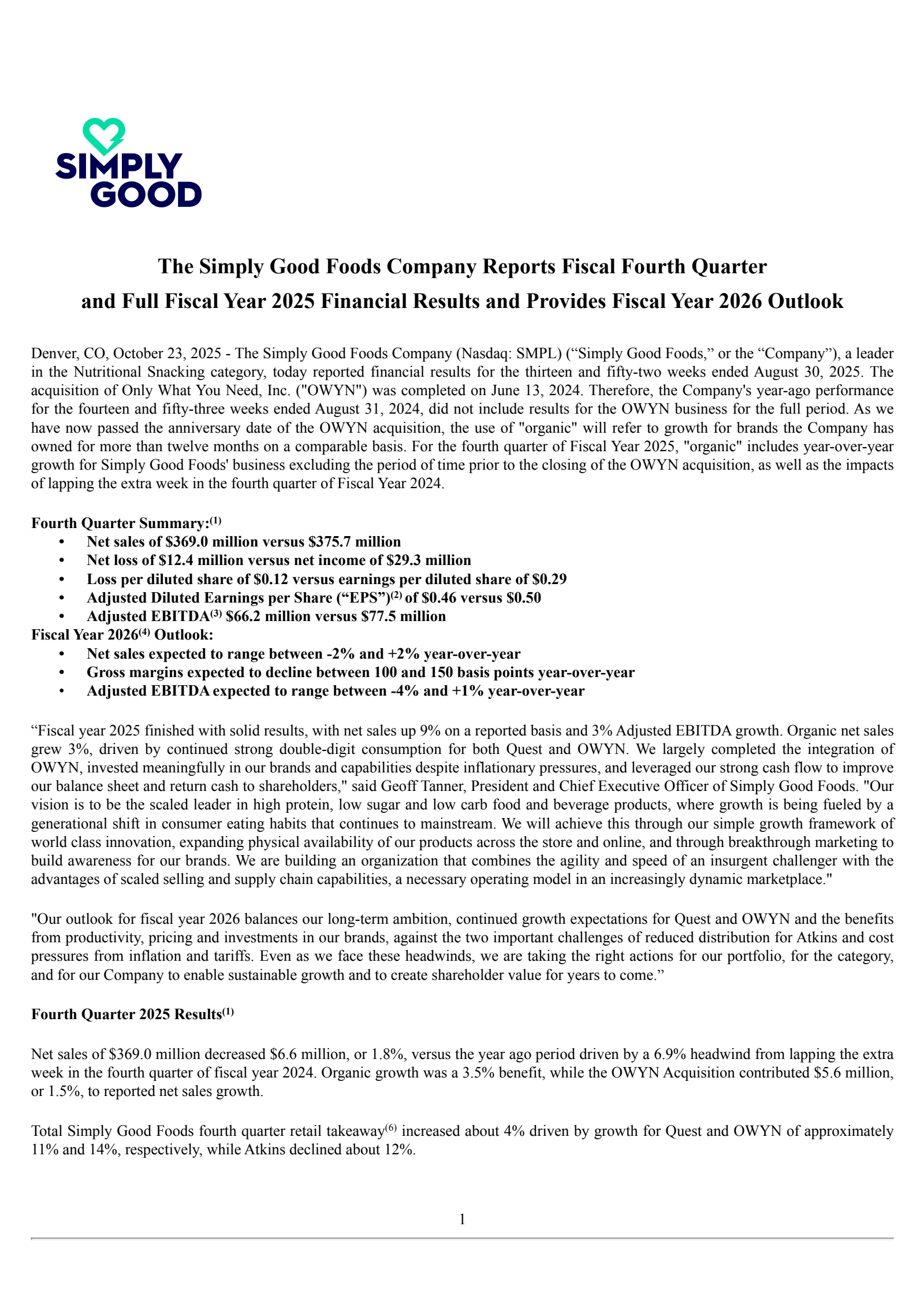 Simply Good Foods' Q4 2025 Earnings Release