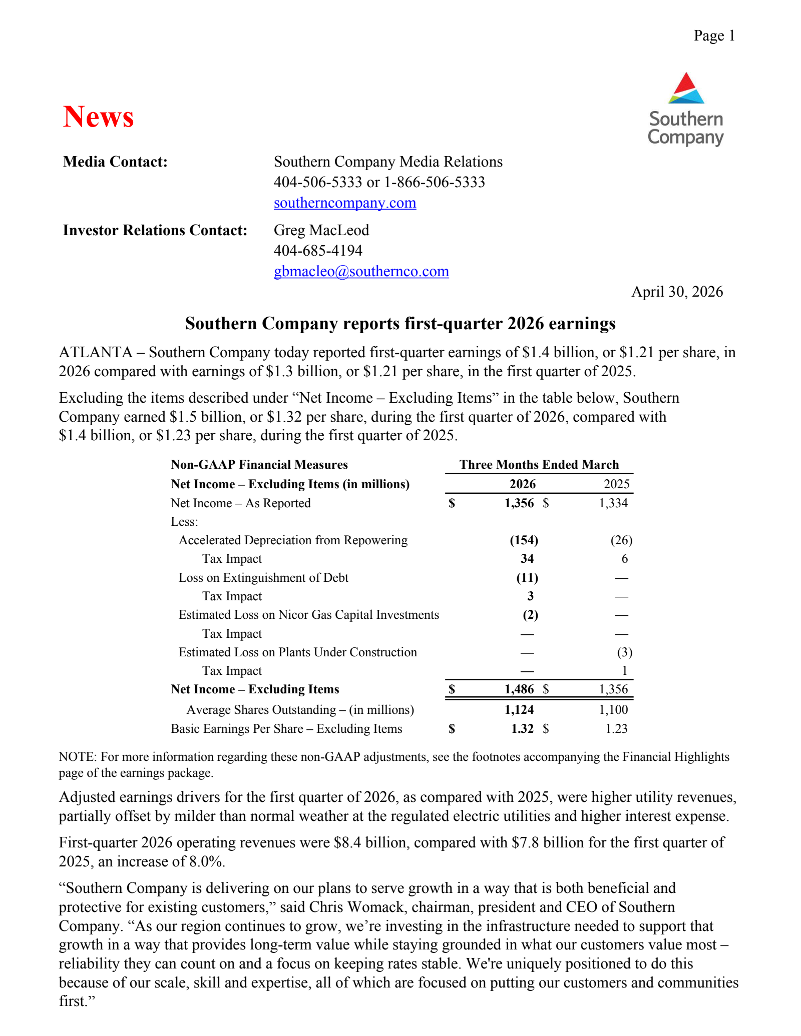 Southern's Q1 2026 Press Release